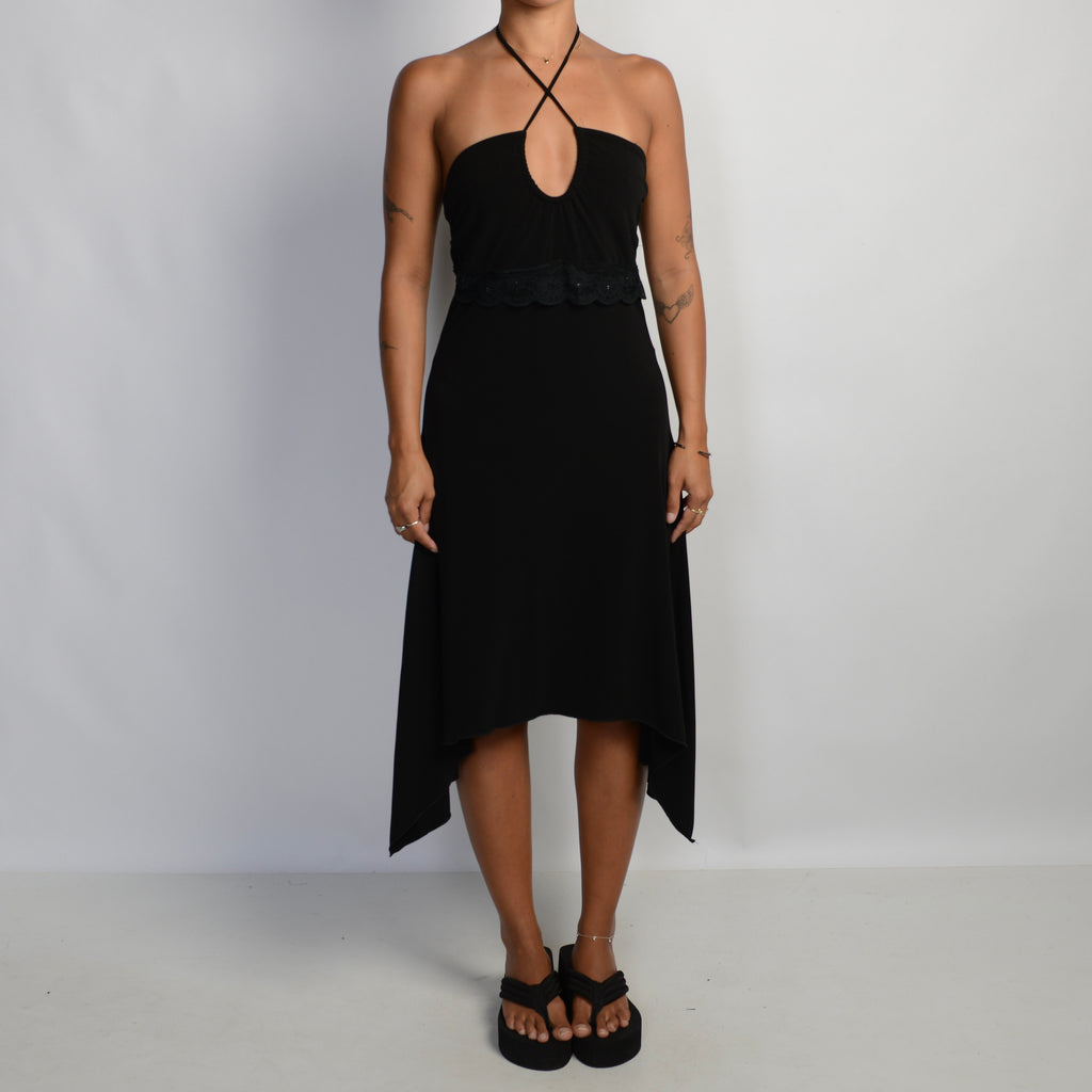 BLACK ASYMMETRIC HALTER DRESS
