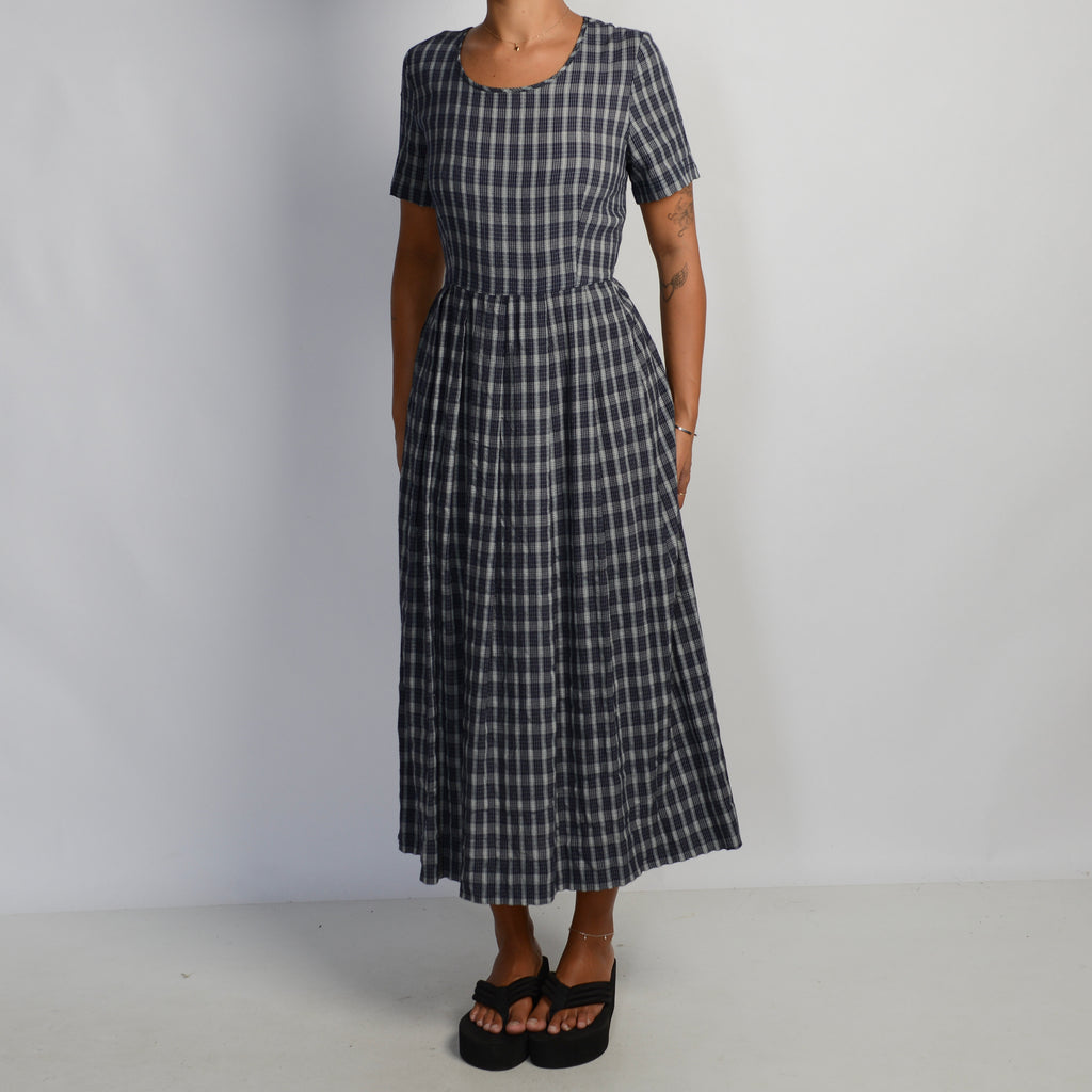 NAVY CHECK MIDI DRESS