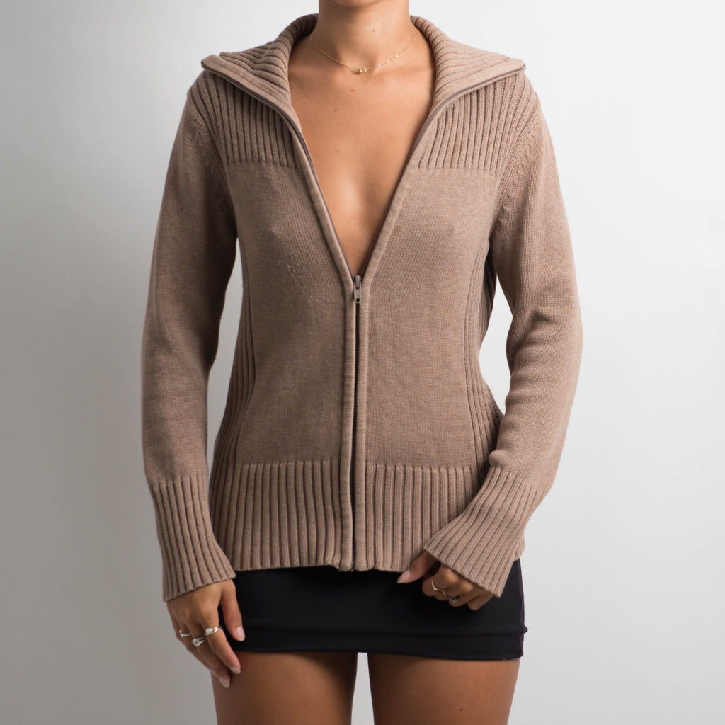 BROWN KNIT ZIP JACKET