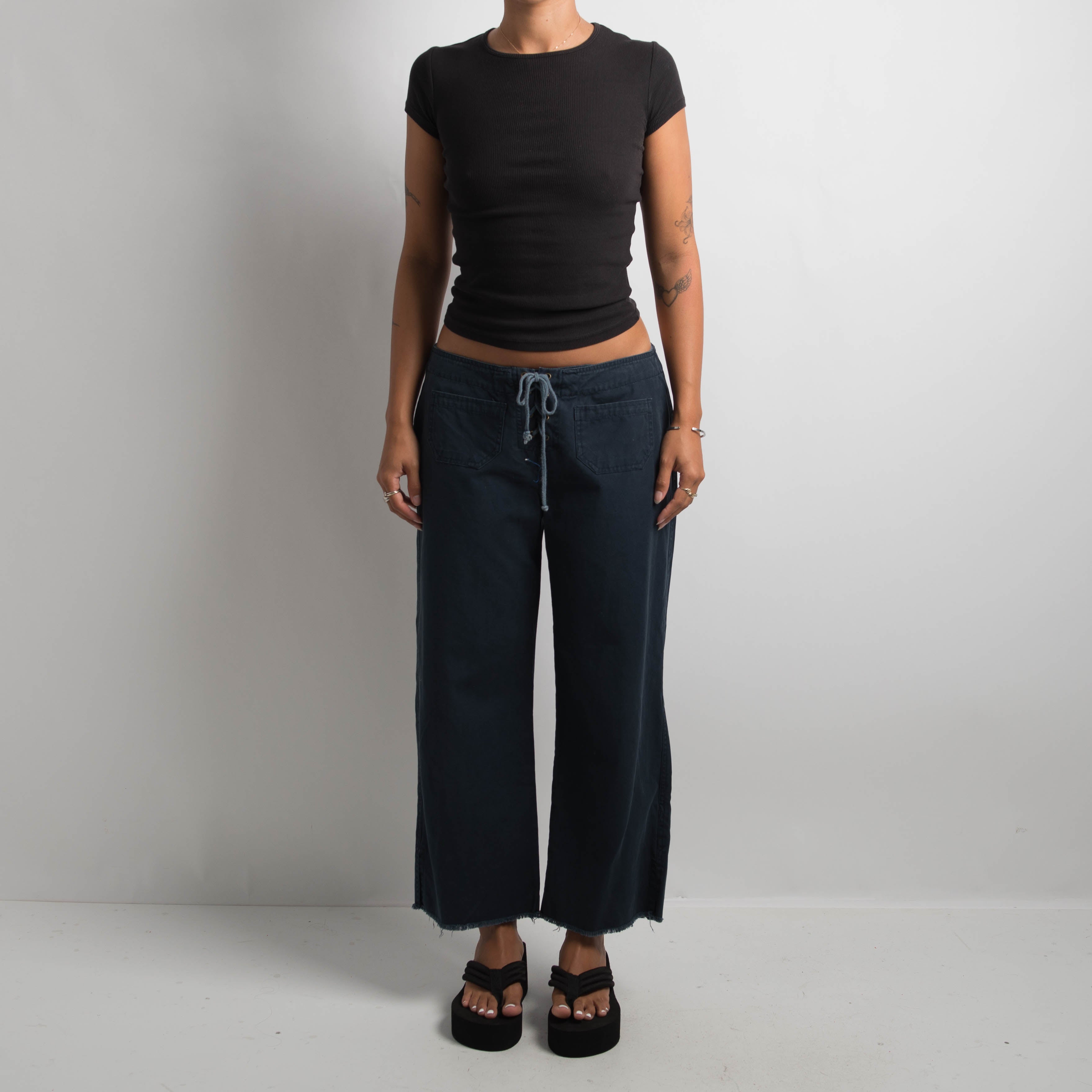 NAVY LACE UP COTTON PANTS