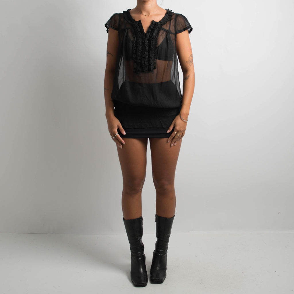 BLACK SHEER RUFFLE TOP