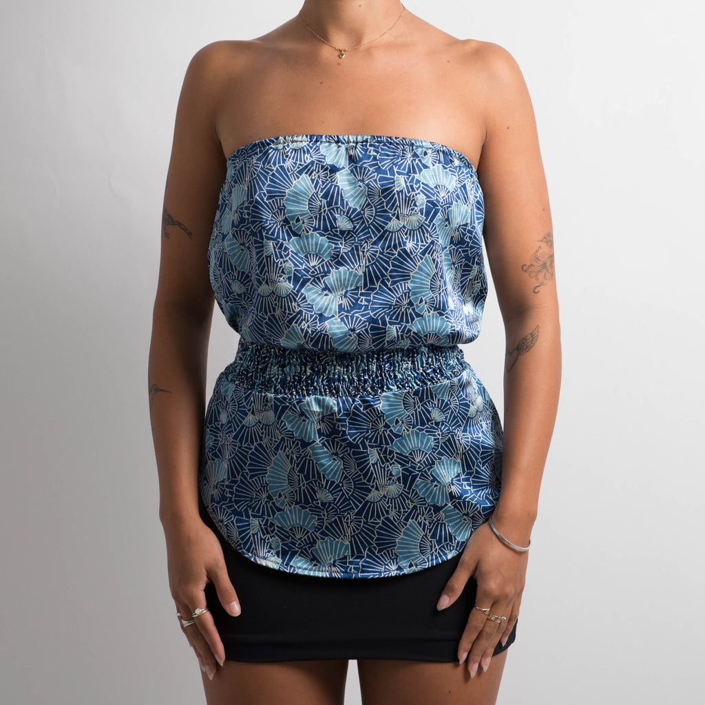 BLUE SATIN STRAPLESS TOP