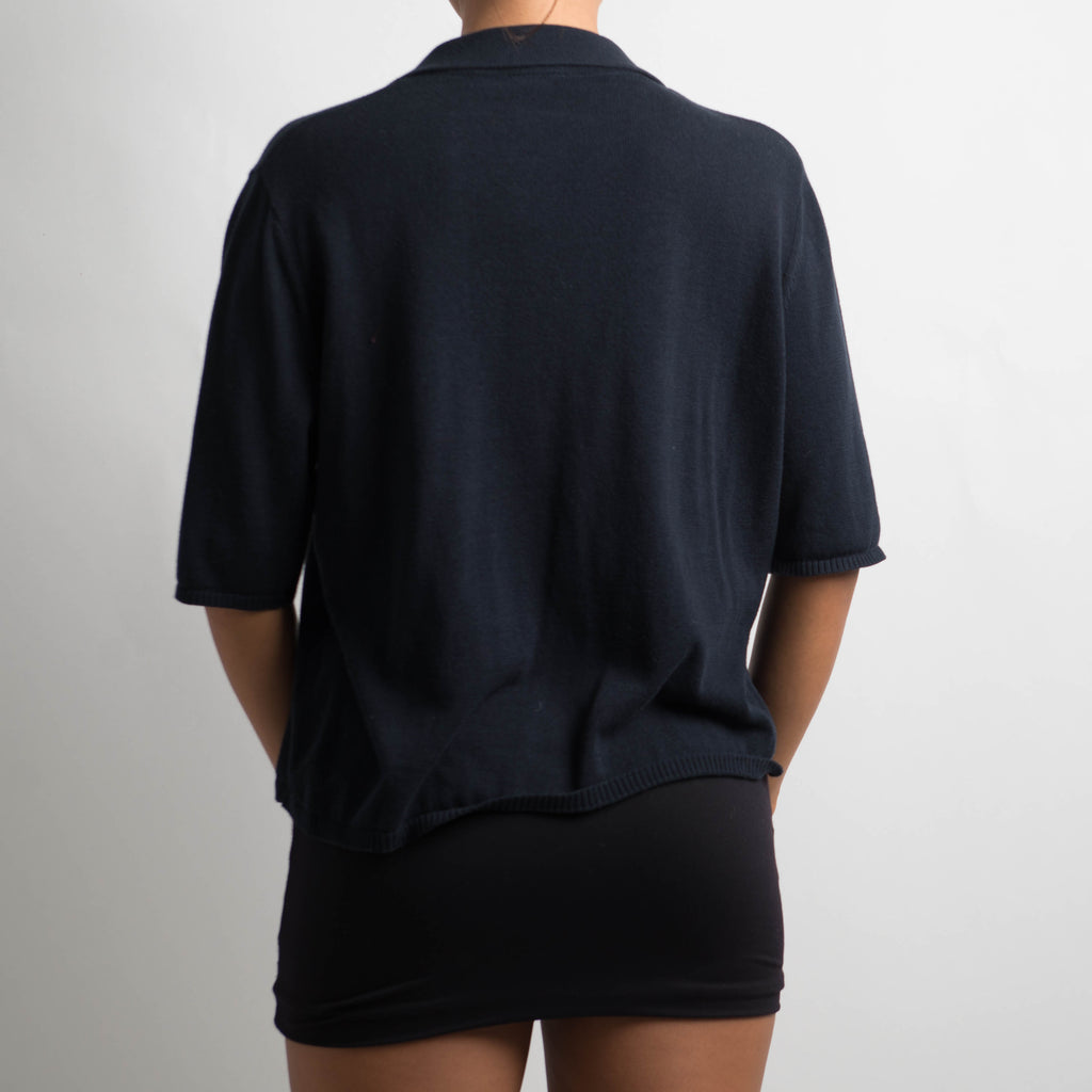 NAVY COLLARED KNIT TOP