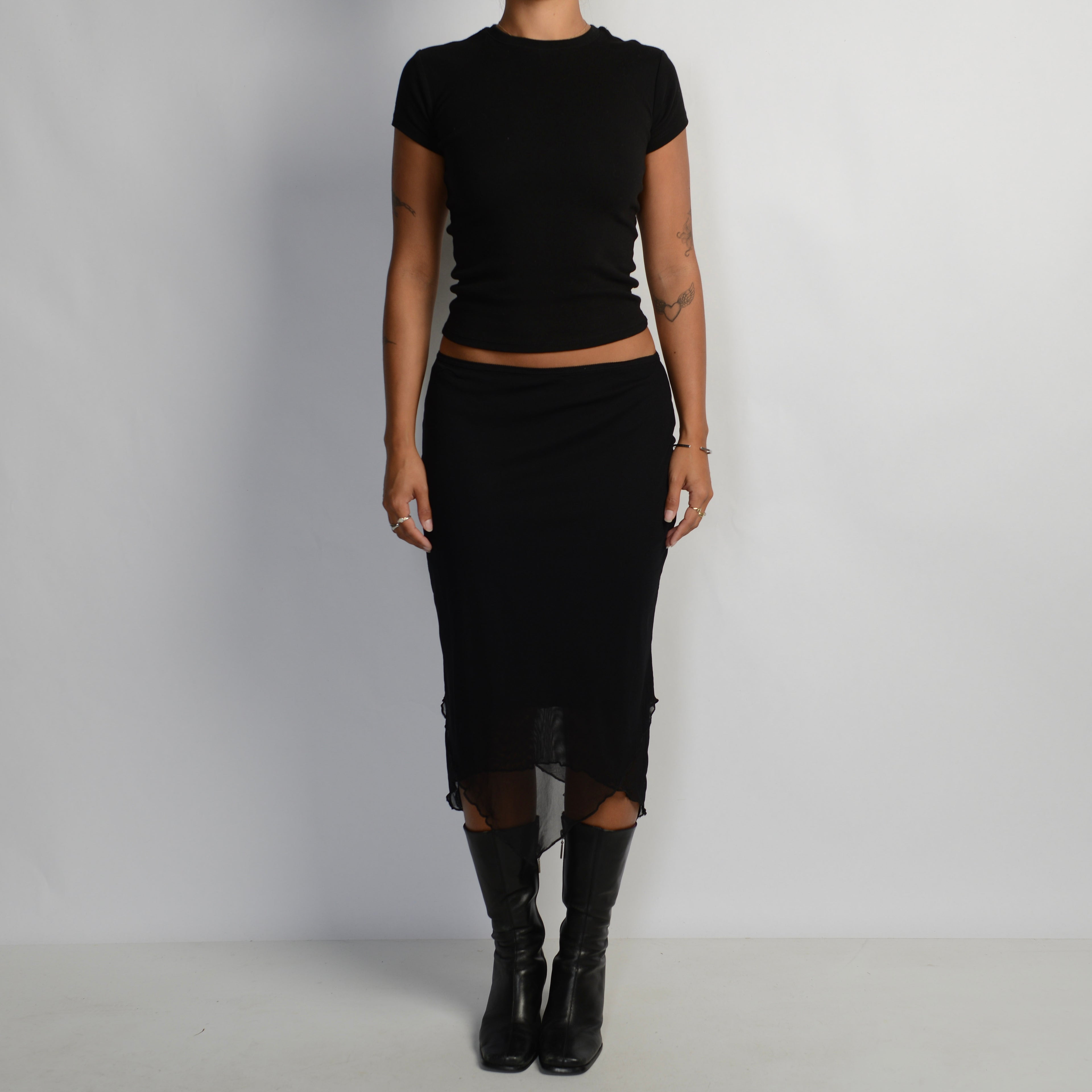 BLACK MESH MIDI SKIRT