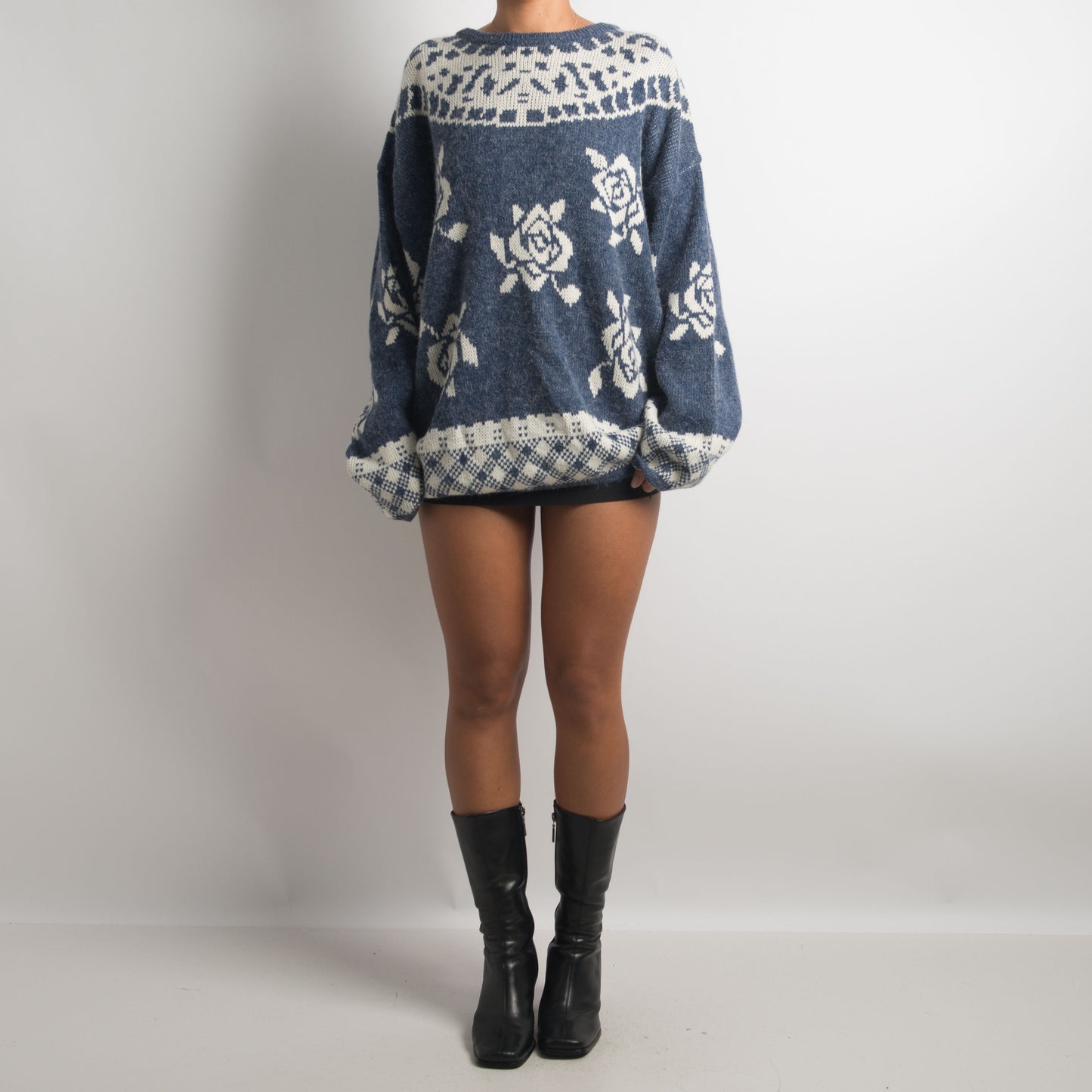 PULL EN MAILLE À FLEURS BLEU