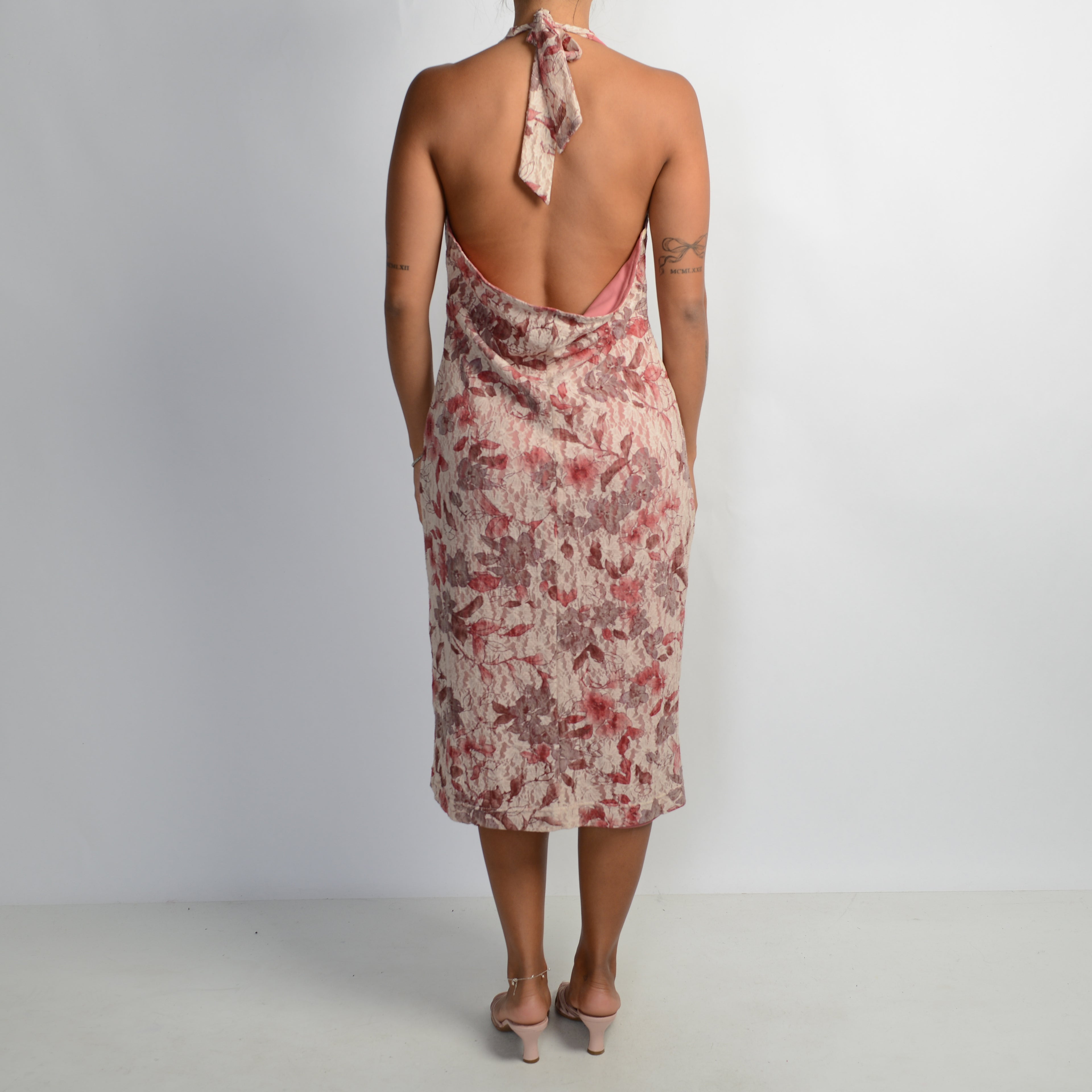 PINK FLORAL MESH MIDI DRESS