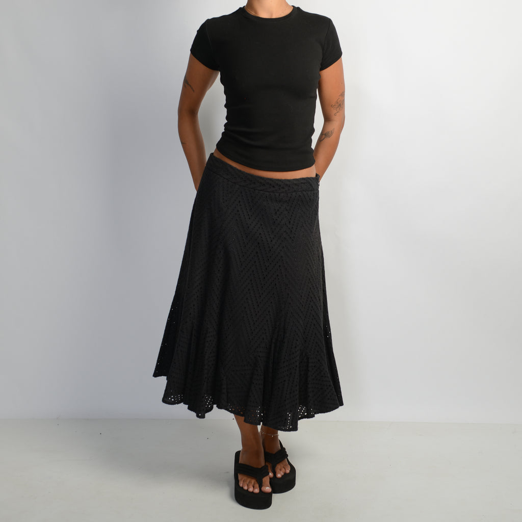 BLACK BRODERIE MIDI SKIRT