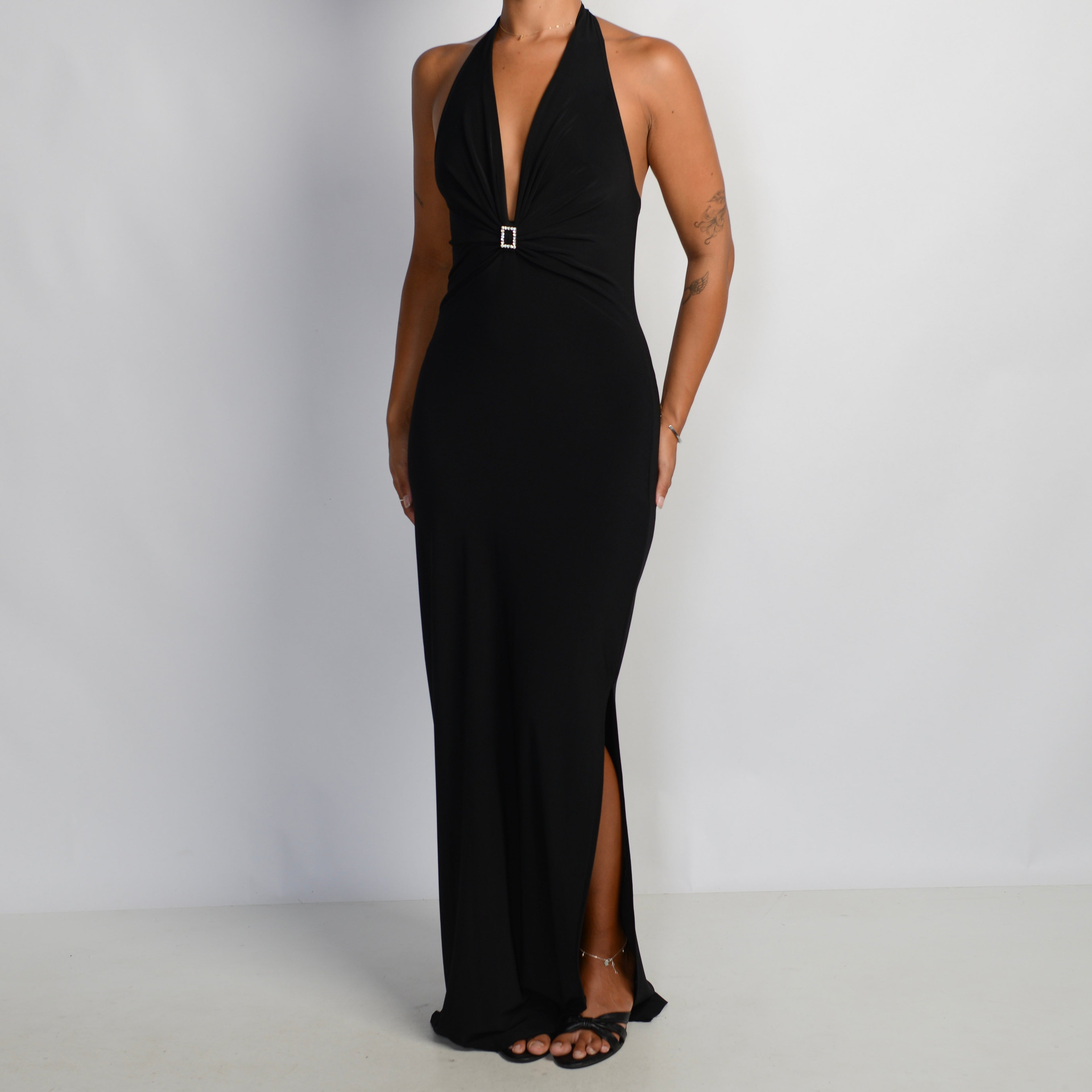 BLACK SLINKY HALTER GOWN