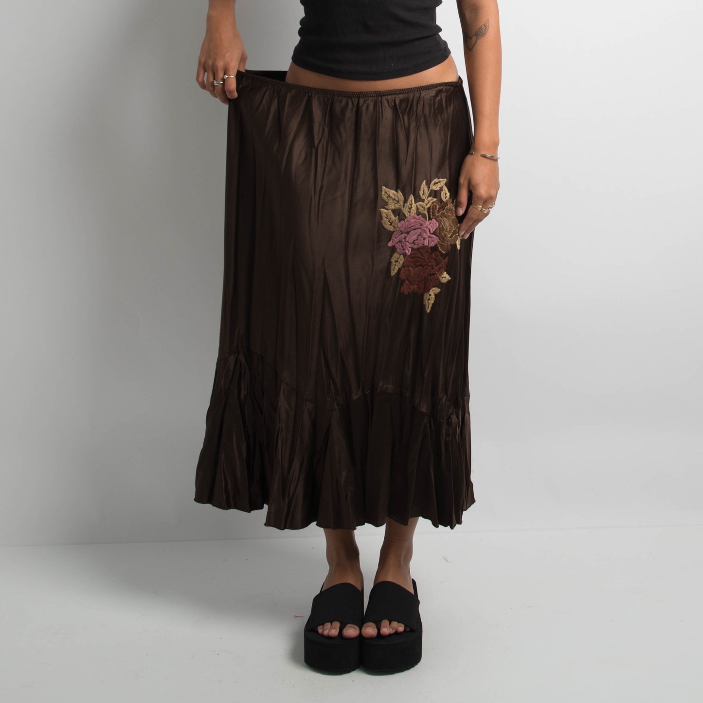 BROWN SATIN MIDI SKIRT