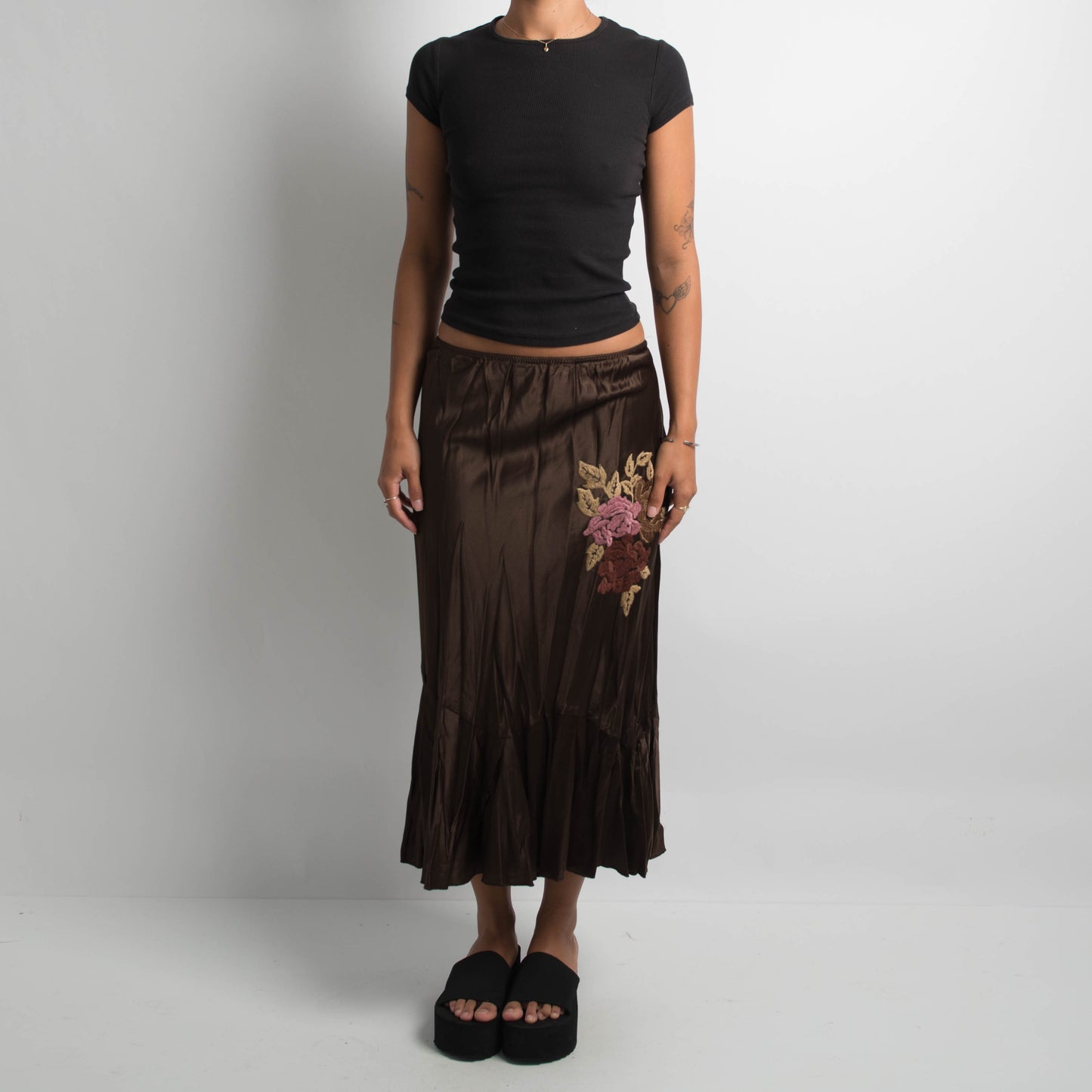 BROWN SATIN MIDI SKIRT