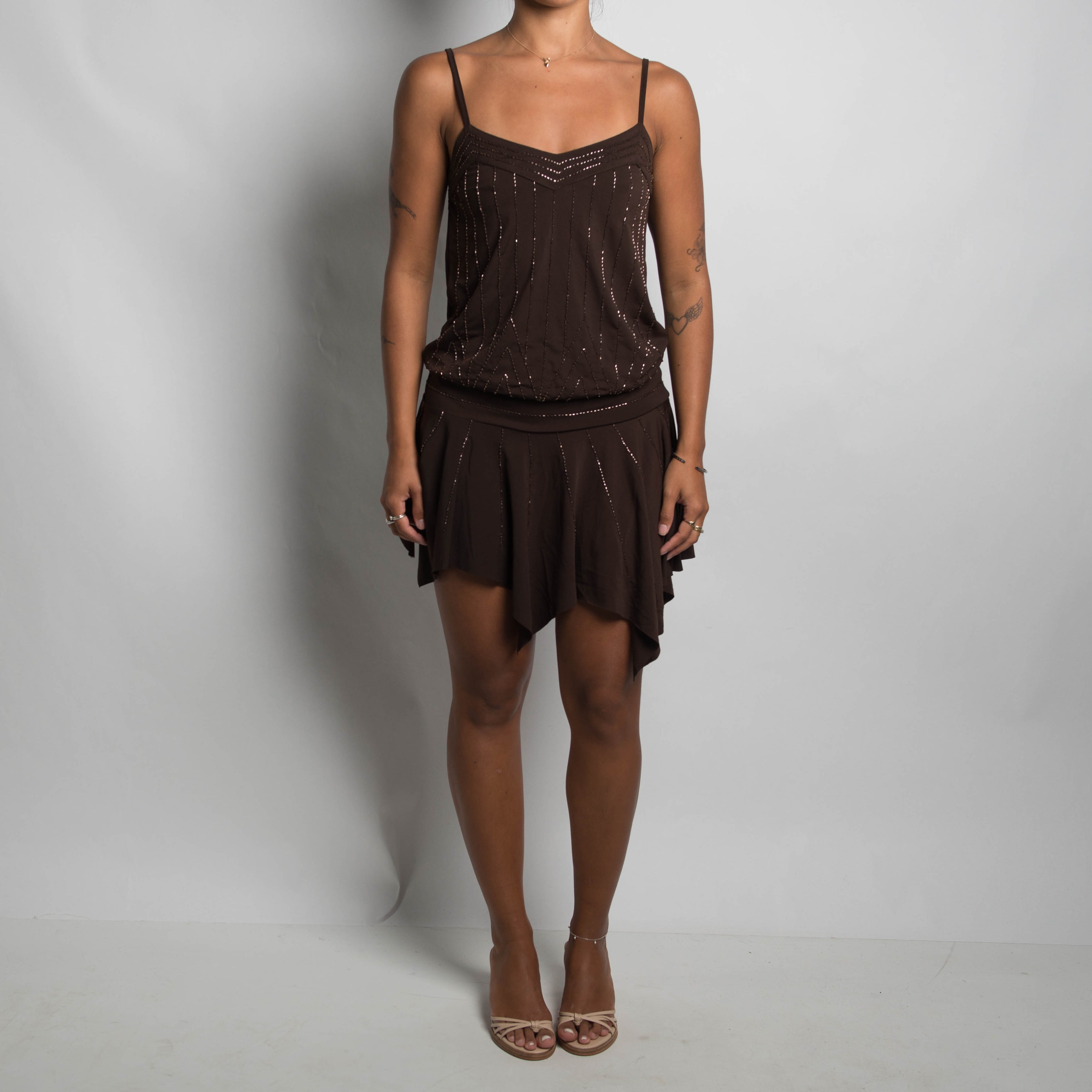 BROWN BEADED MINI DRESS