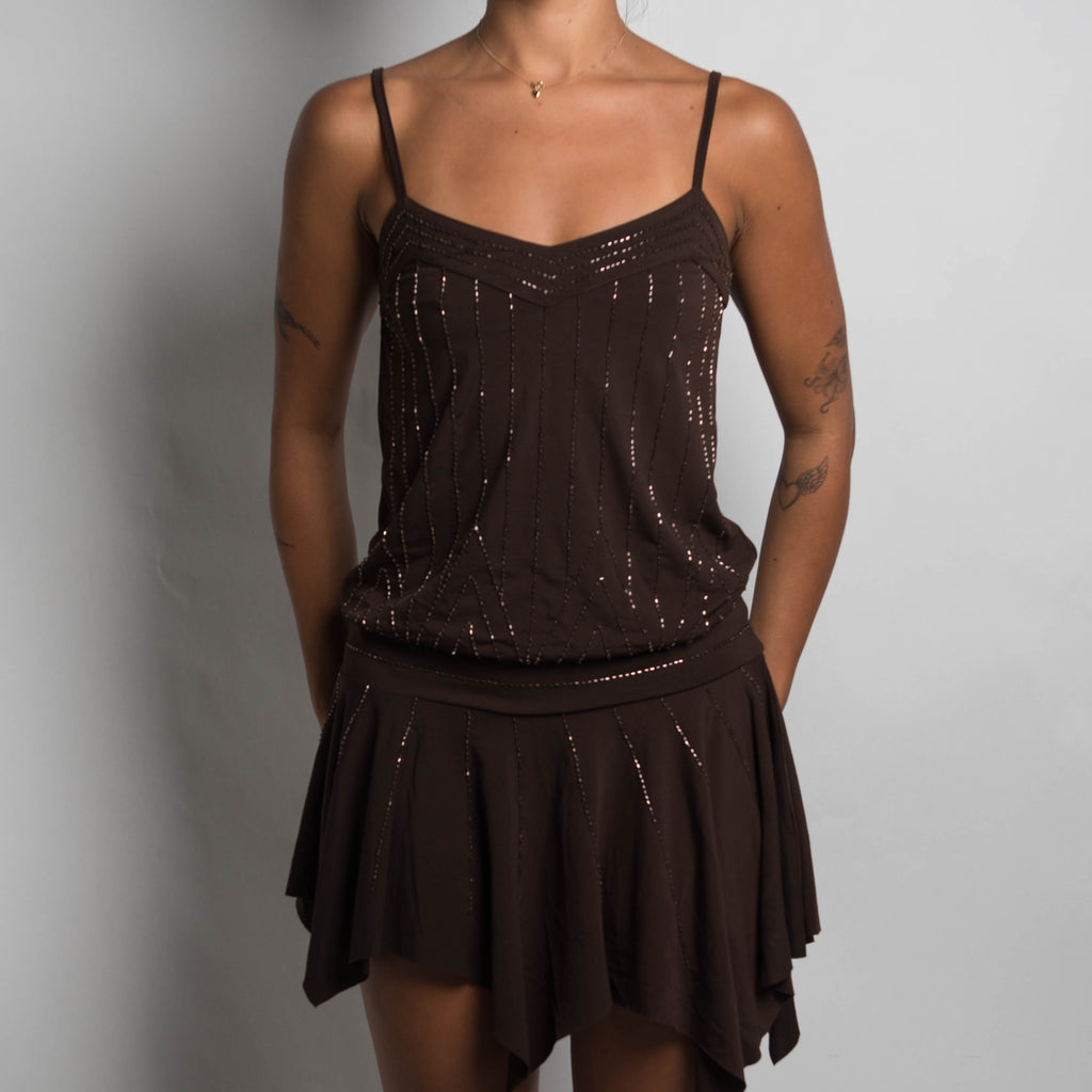 BROWN BEADED MINI DRESS