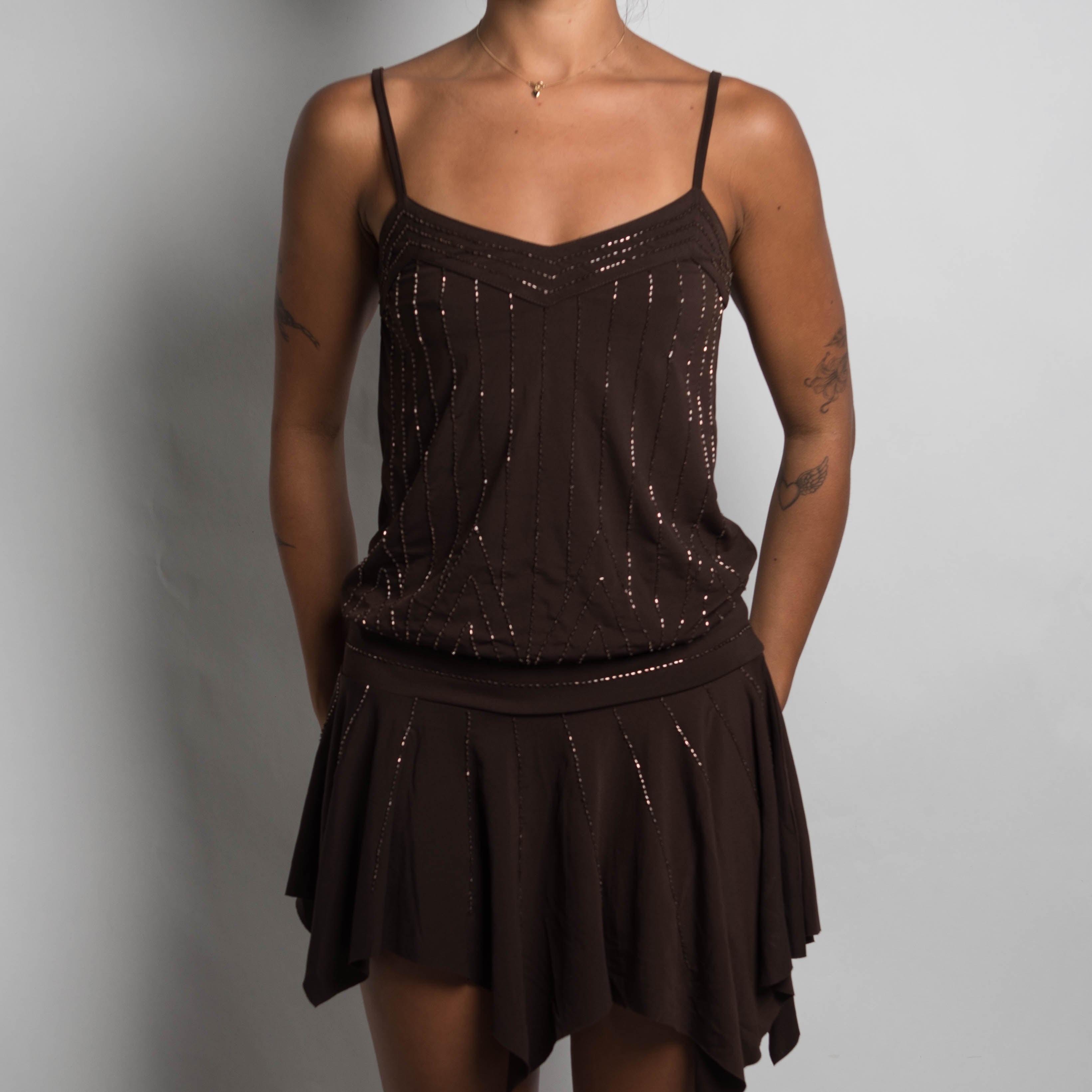 BROWN BEADED MINI DRESS