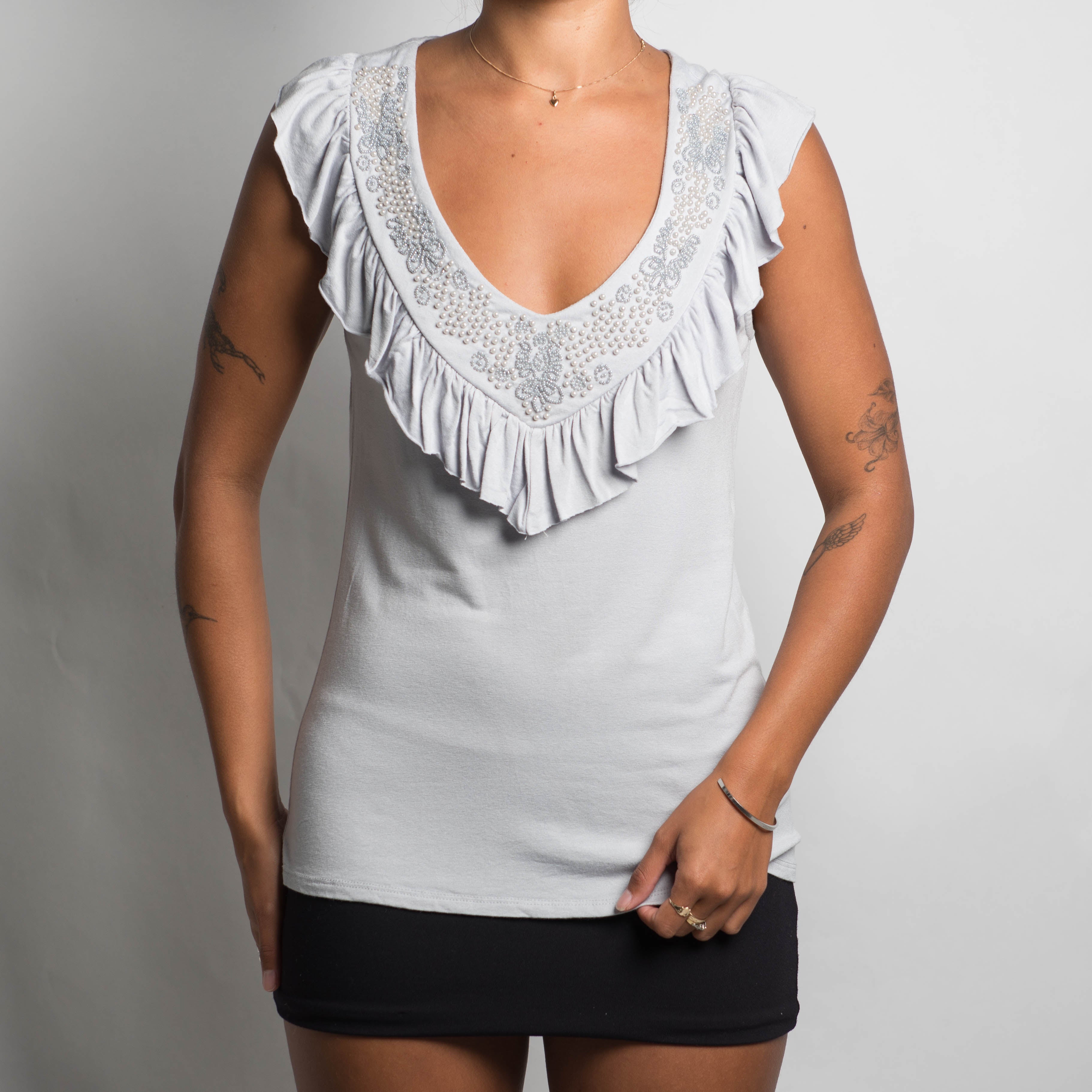 GREY RUFFLE BEADED TOP