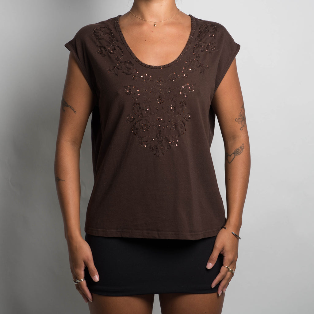 BROWN BEADED TOP