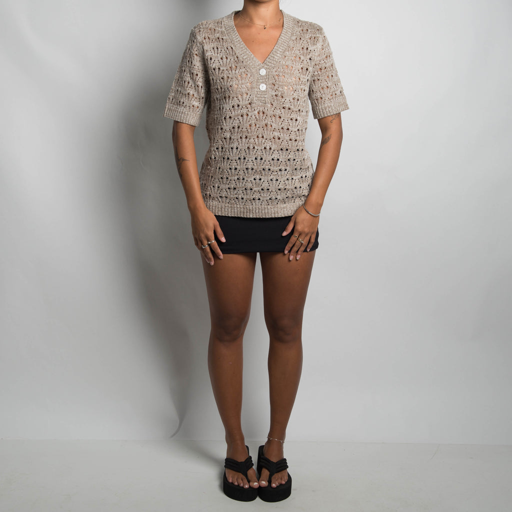 CREAM KNIT CROCHET TOP