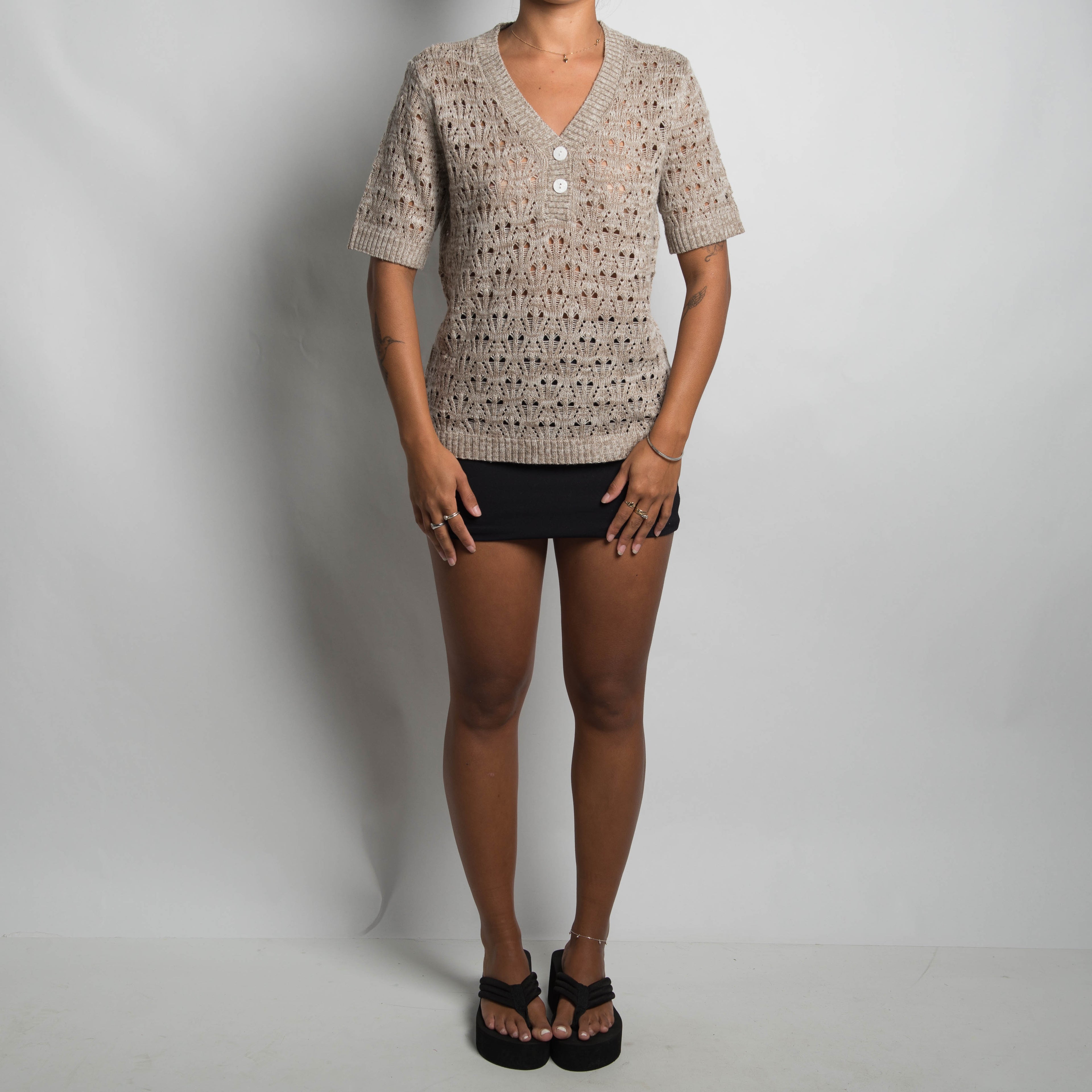 CREAM KNIT CROCHET TOP