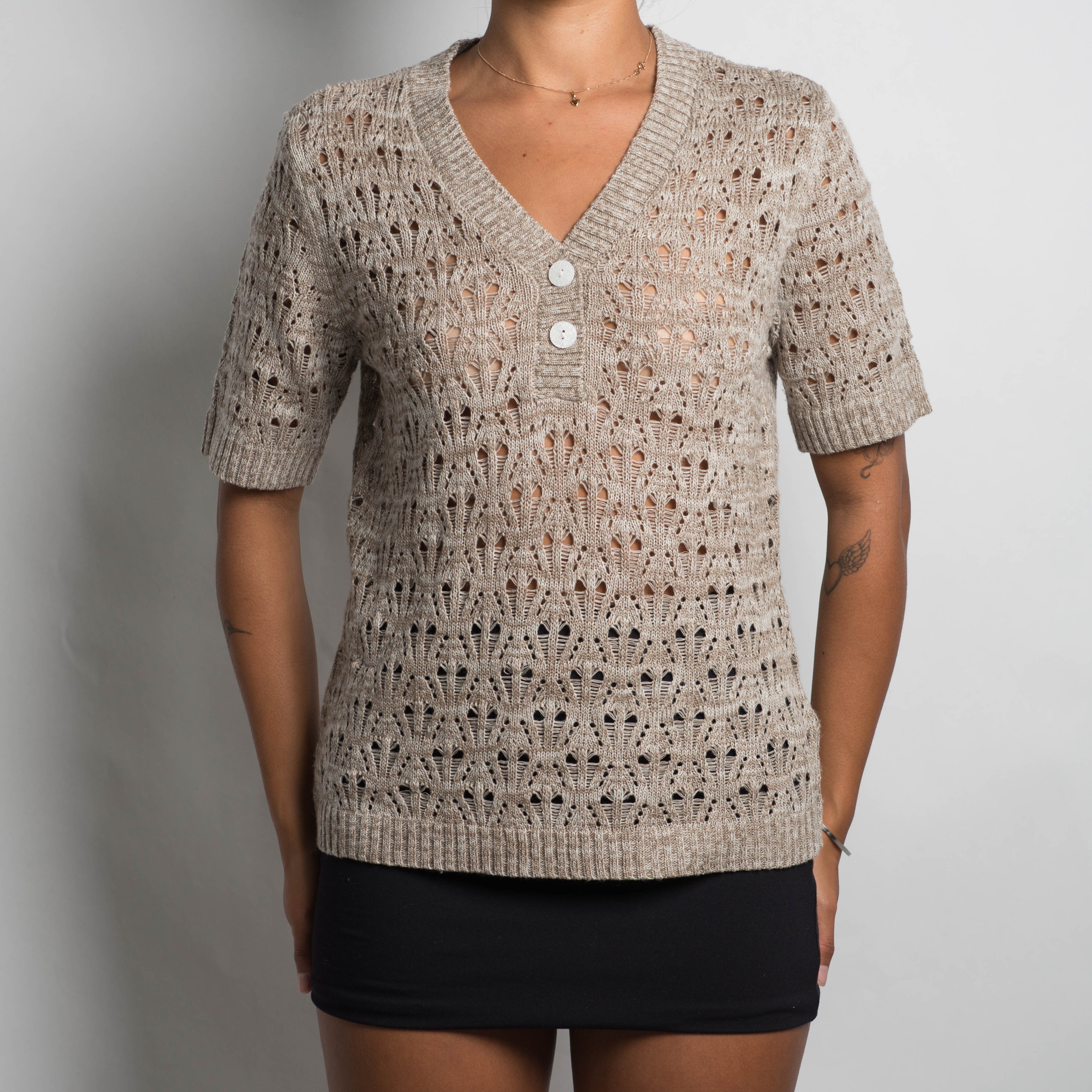 CREAM KNIT CROCHET TOP