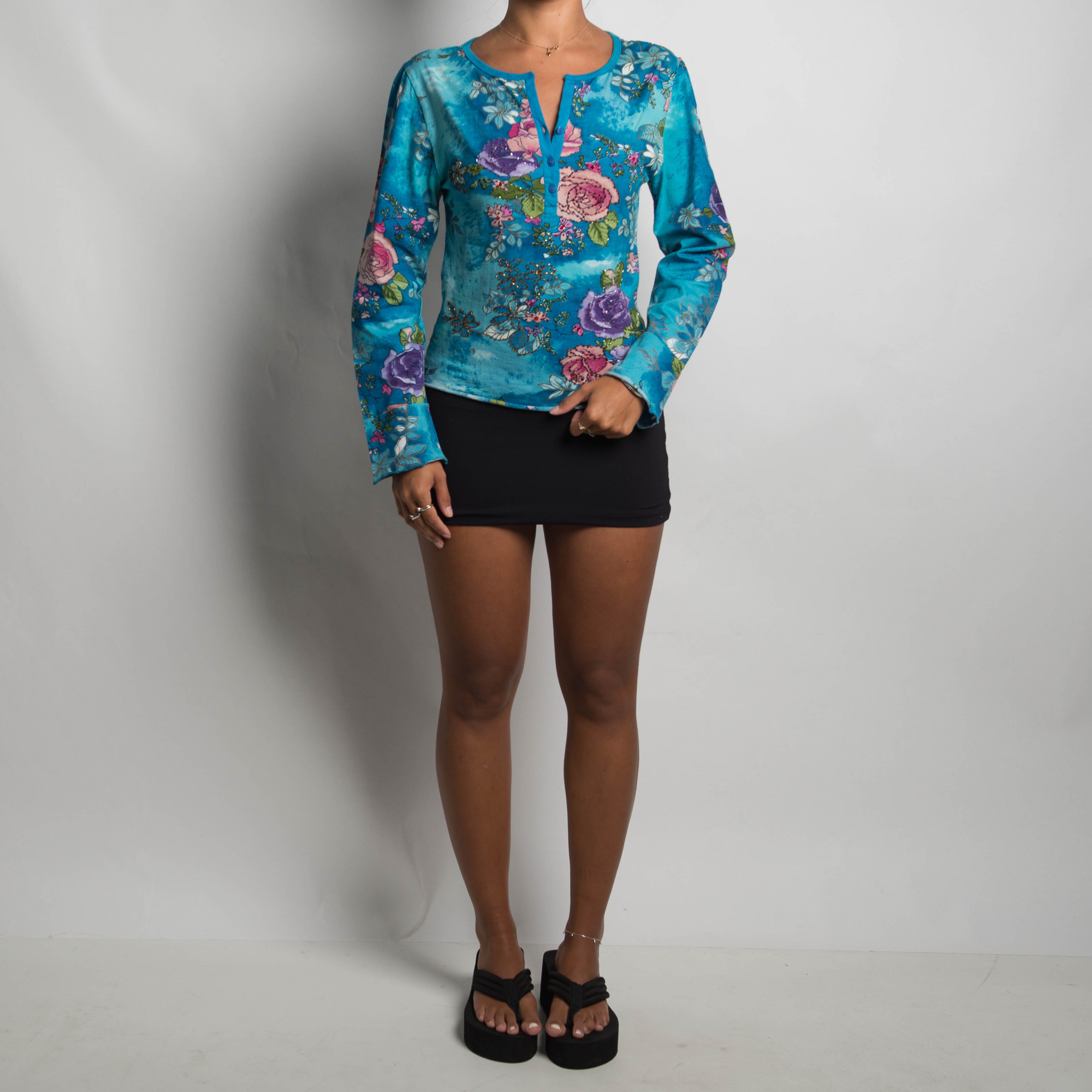 BLUE FLORAL BEADED TOP