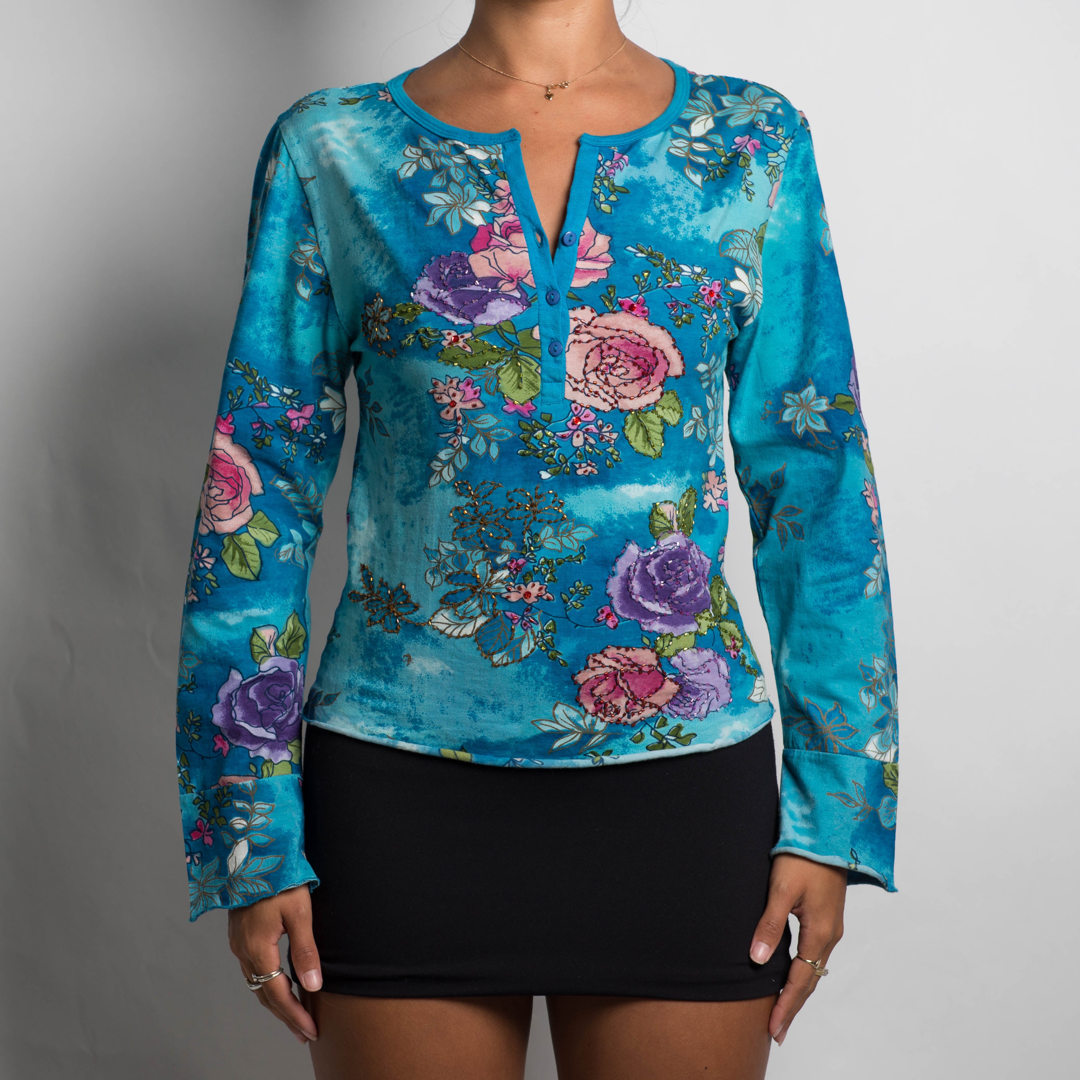 BLUE FLORAL BEADED TOP