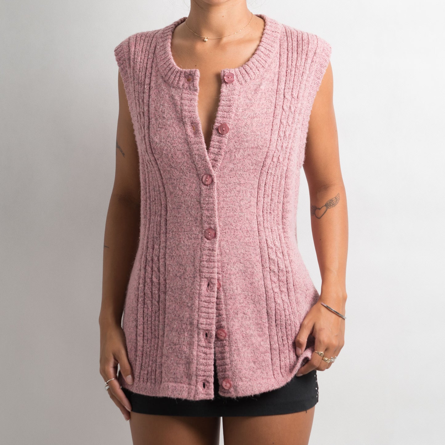 CARDIGAN EN MAILLE SANS MANCHES ROSE