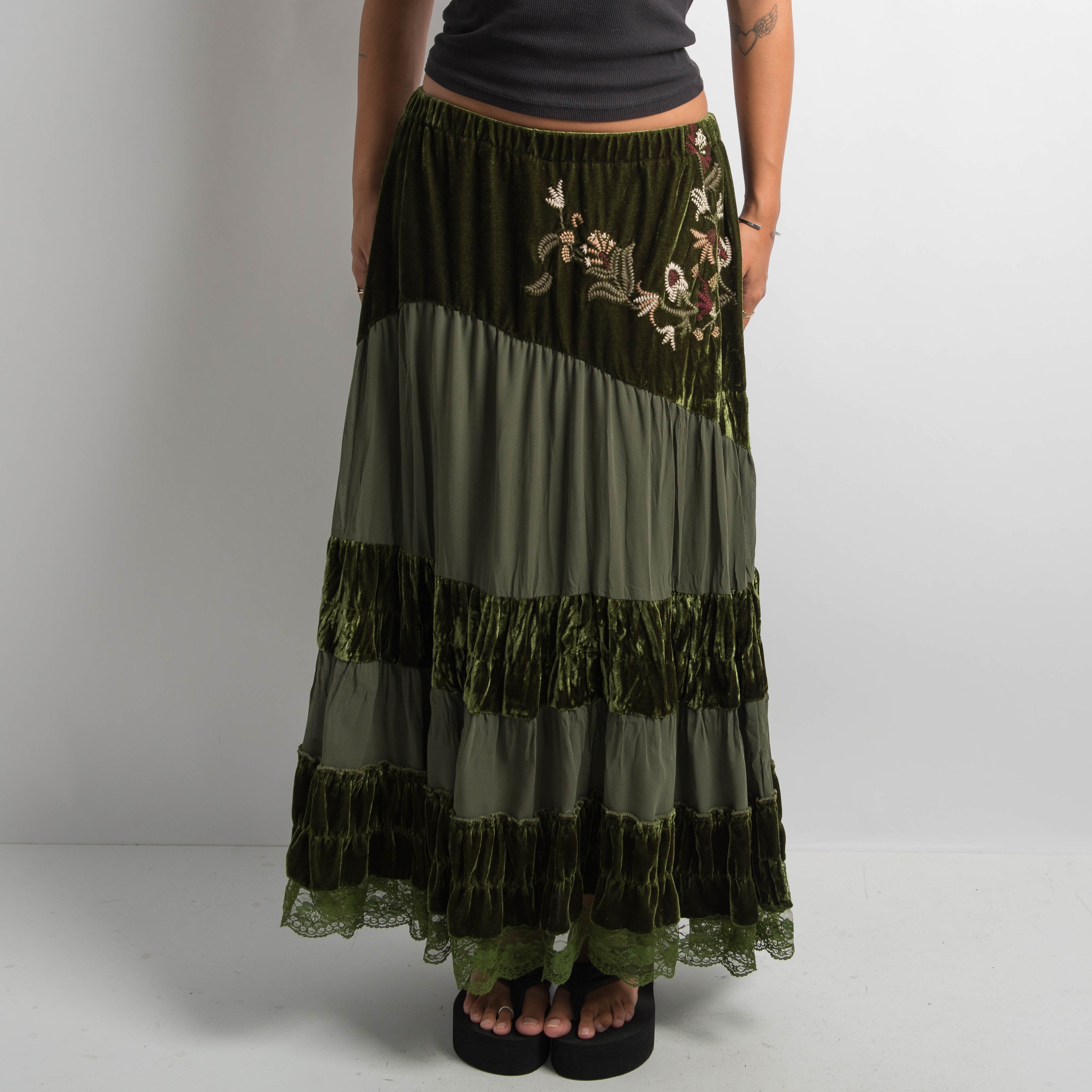 GREEN TIERED MAXI SKIRT