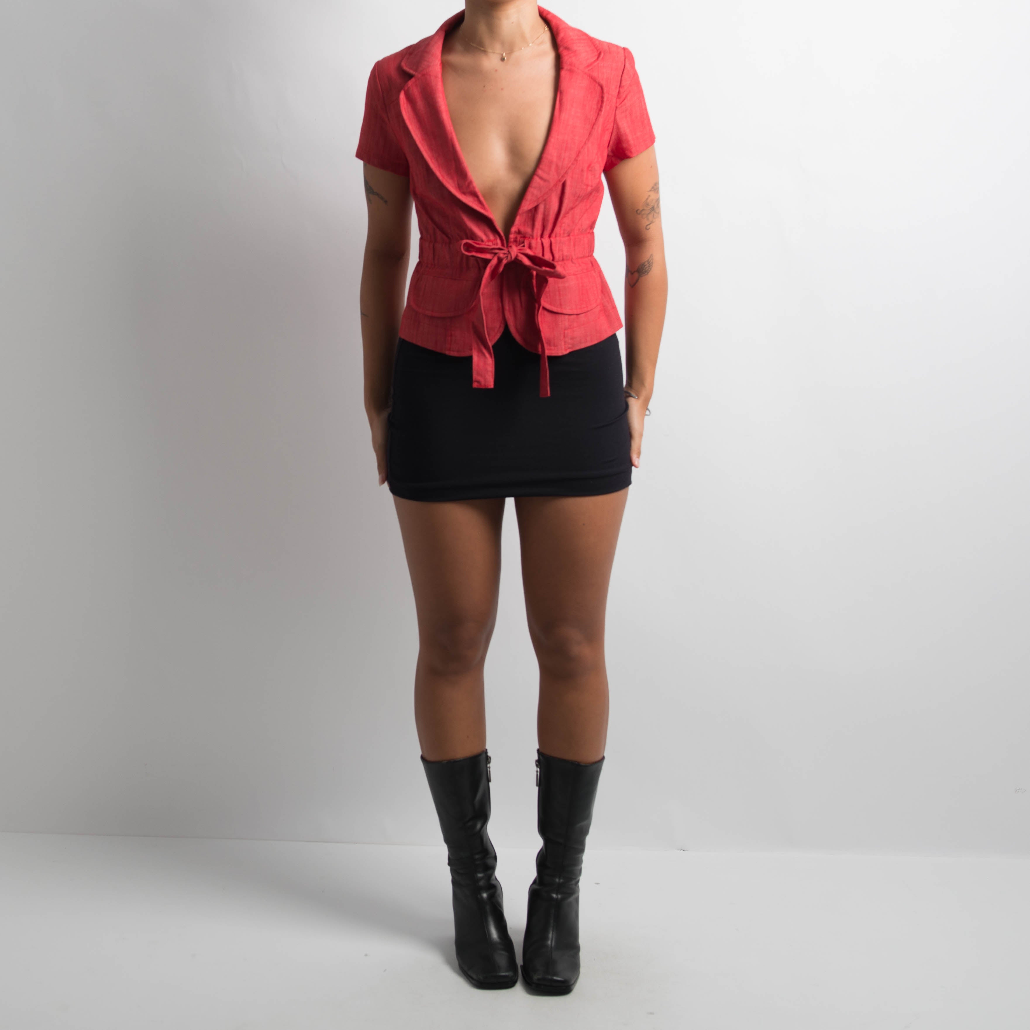 RED DENIM TIE FRONT TOP