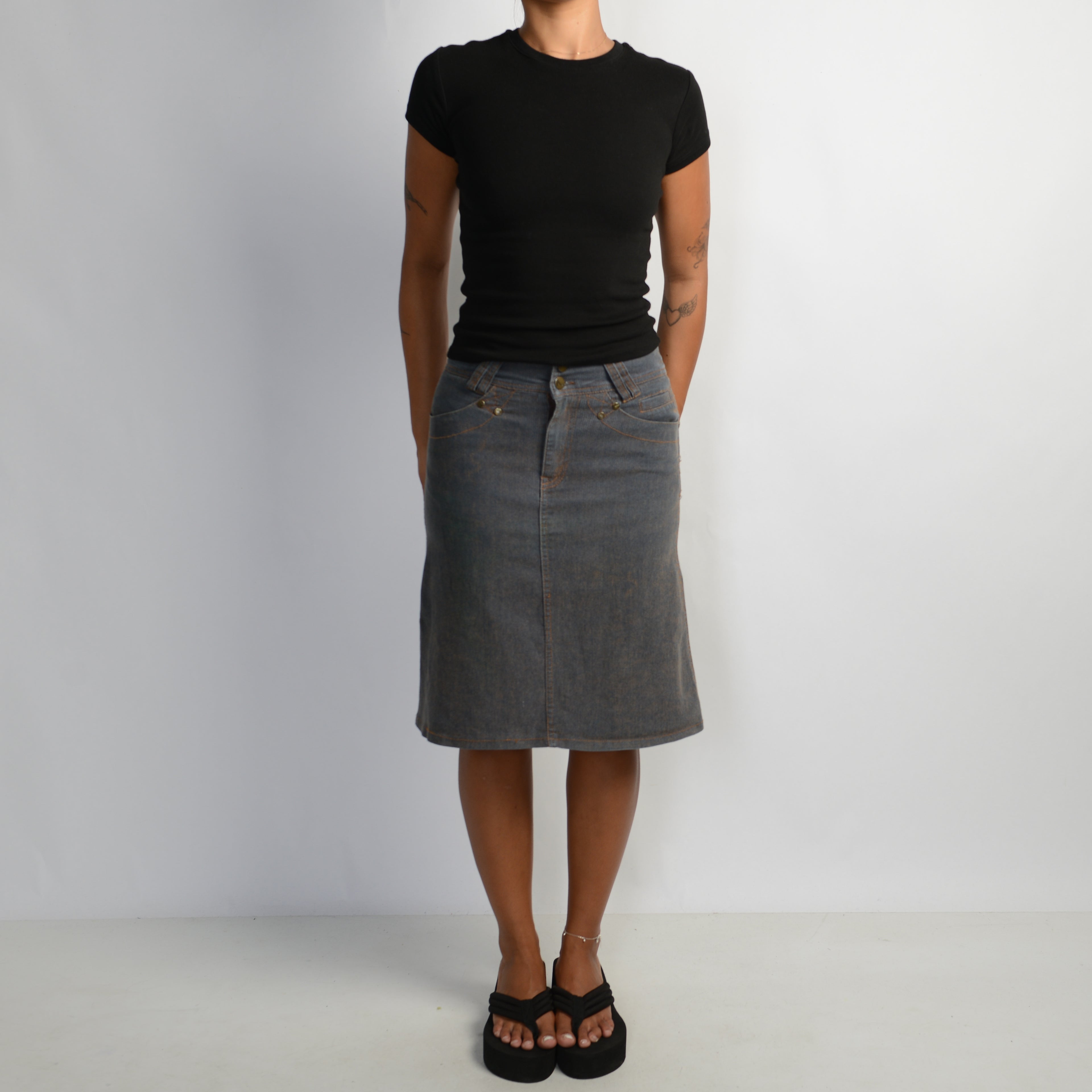 DENIM STRETCH MIDI SKIRT