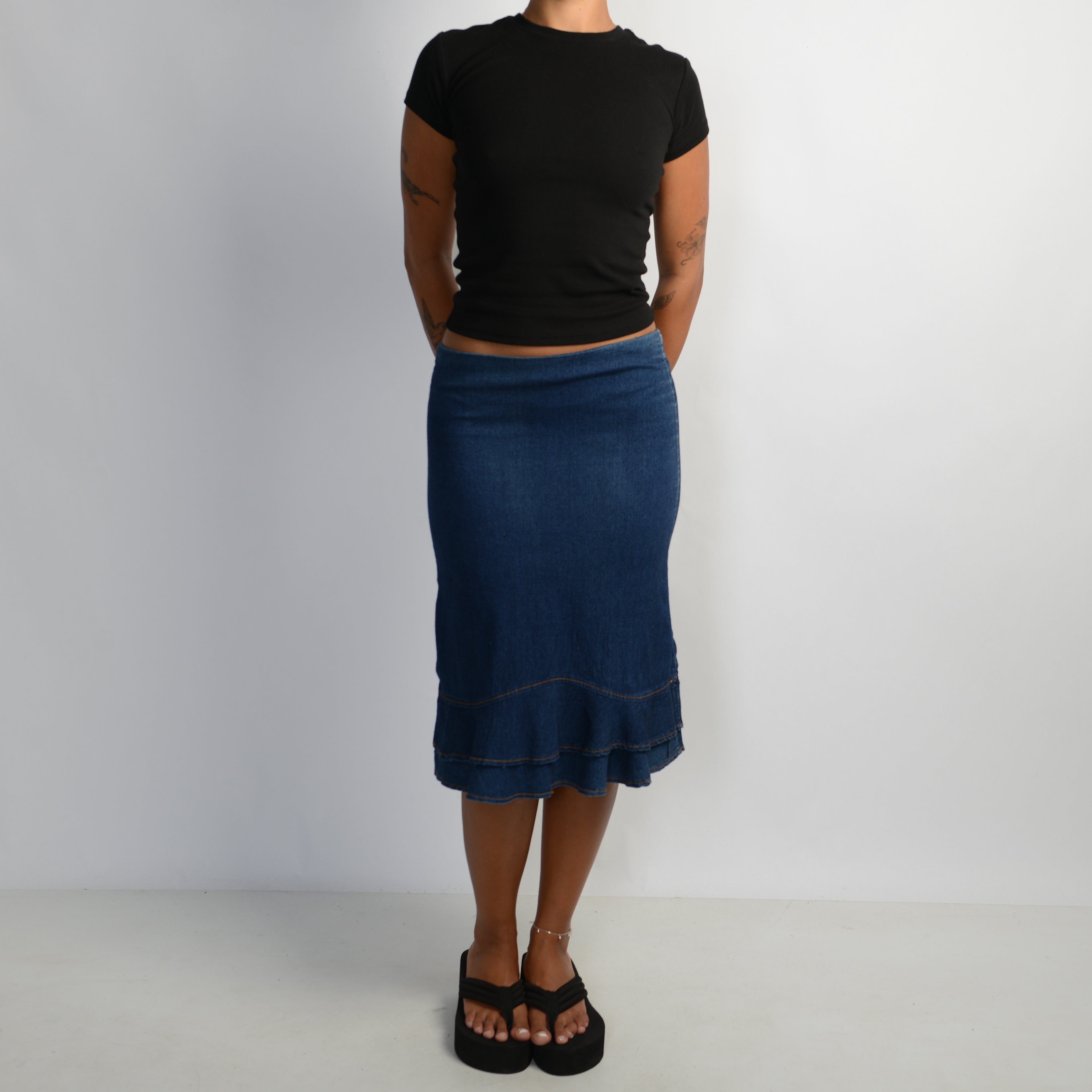 DENIM RUFFLE MIDI SKIRT