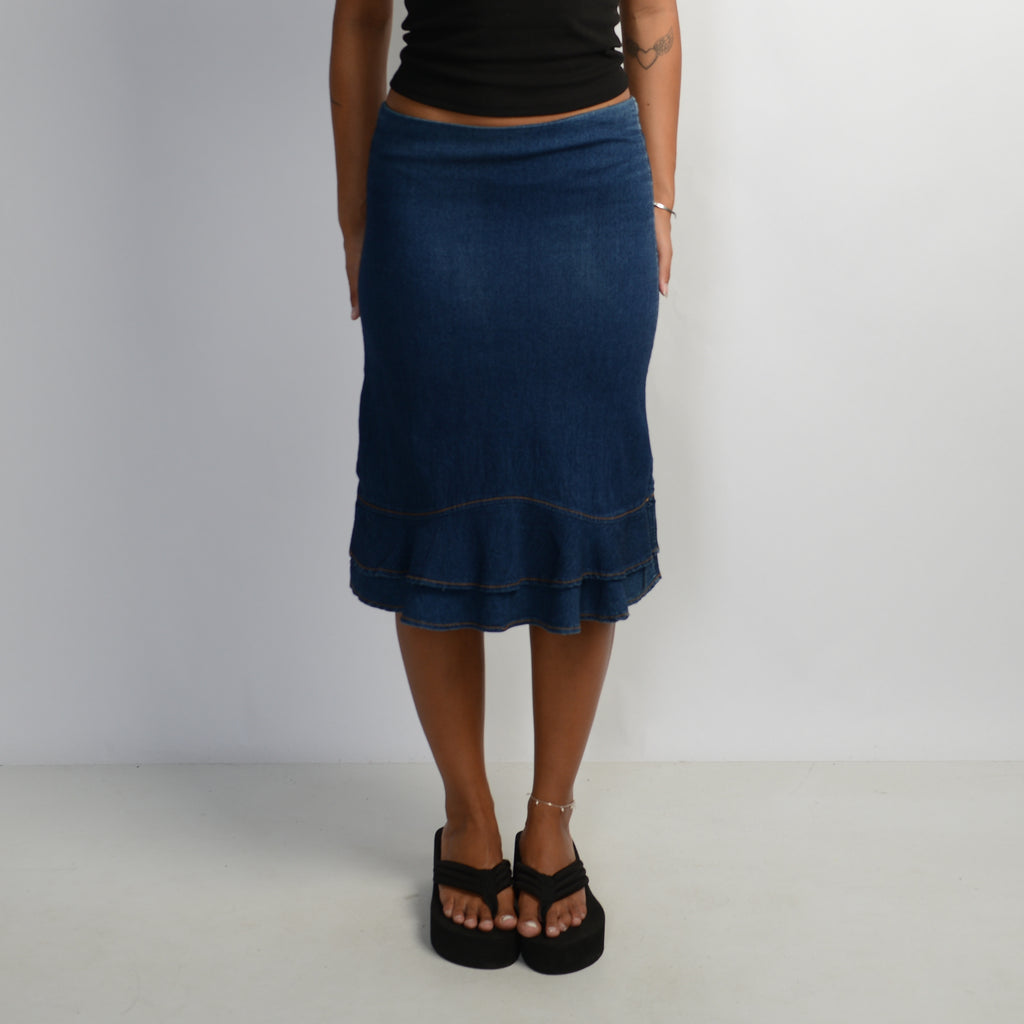 DENIM RUFFLE MIDI SKIRT