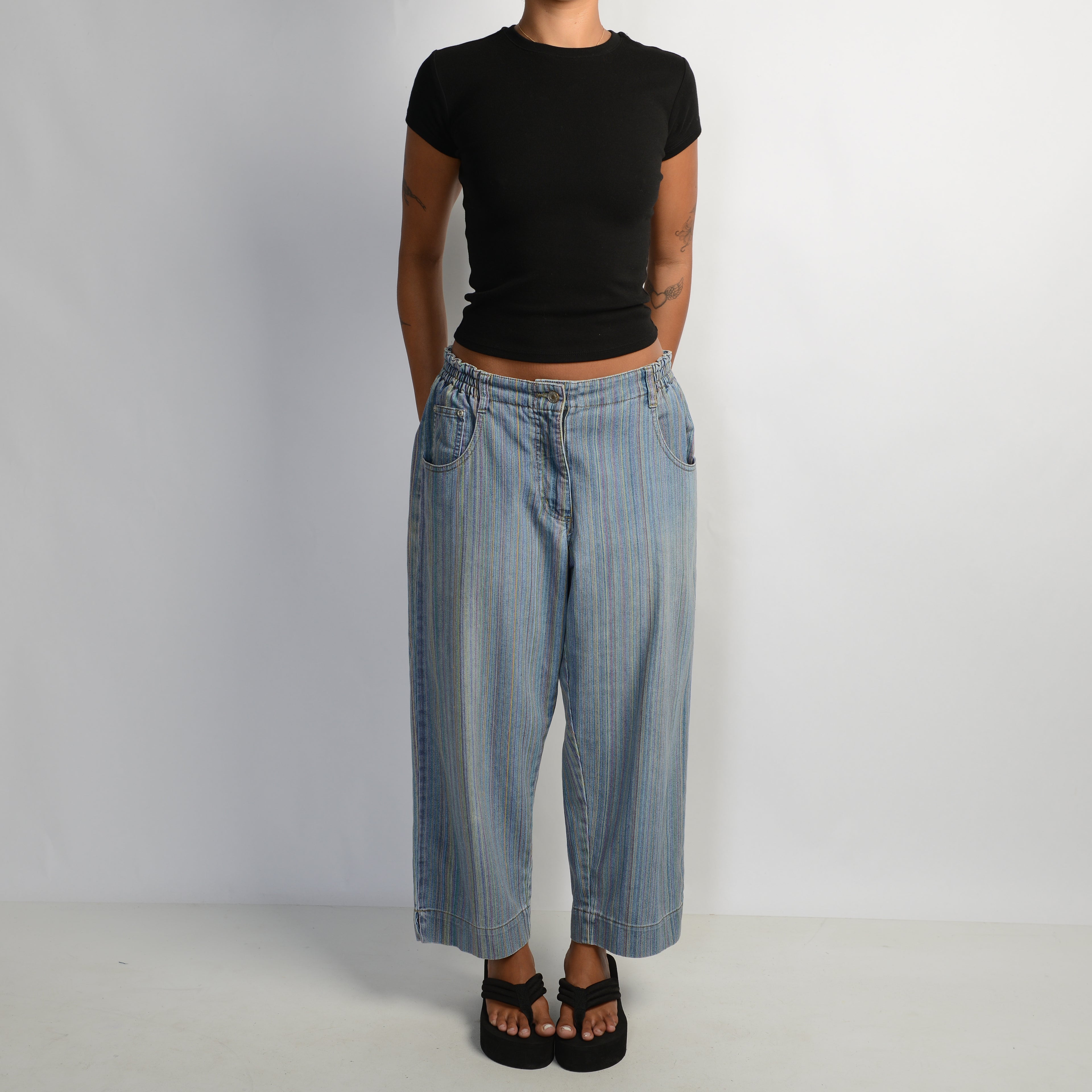 COLOURFUL STRIPE CROP JEANS