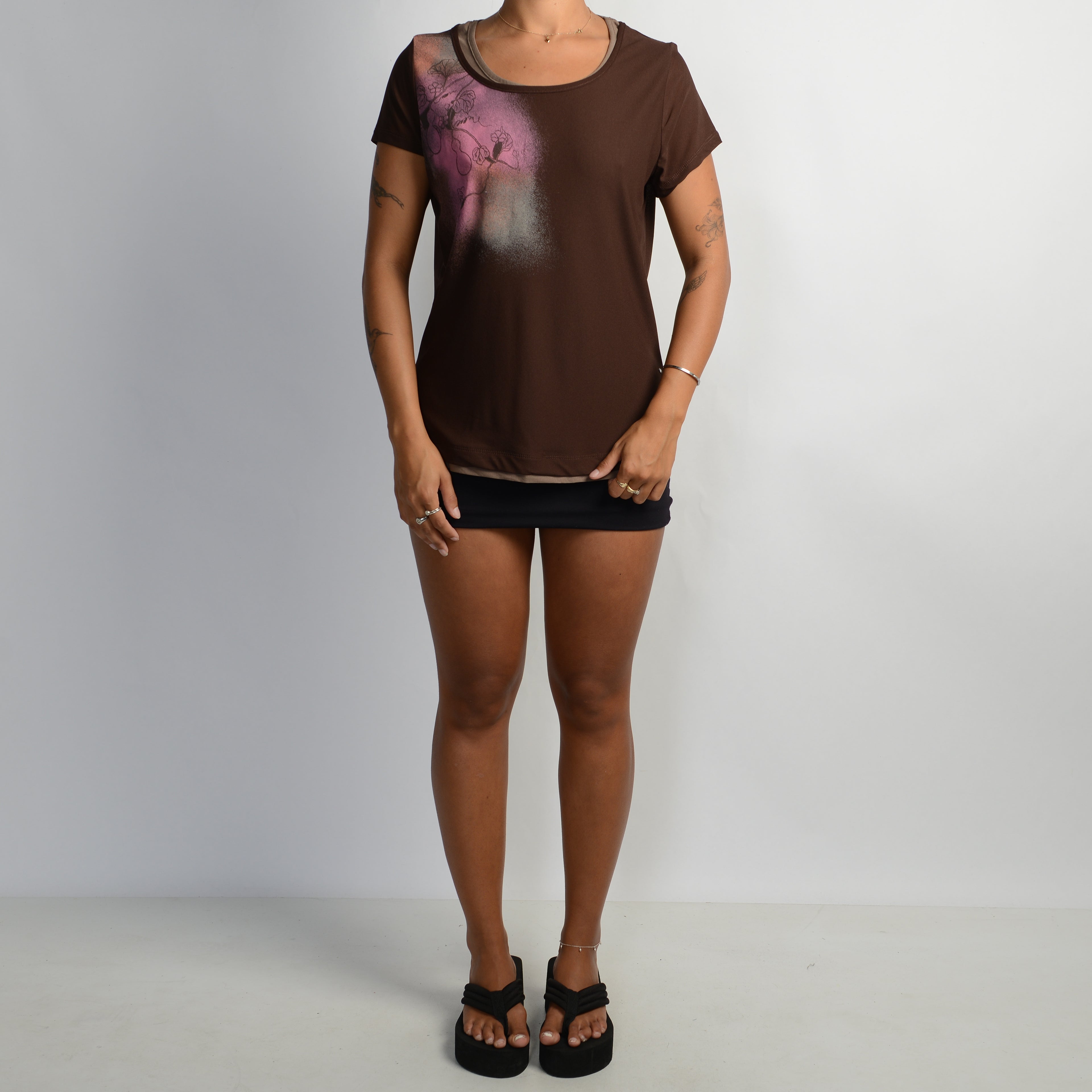 BROWN MESH LAYERED TOP