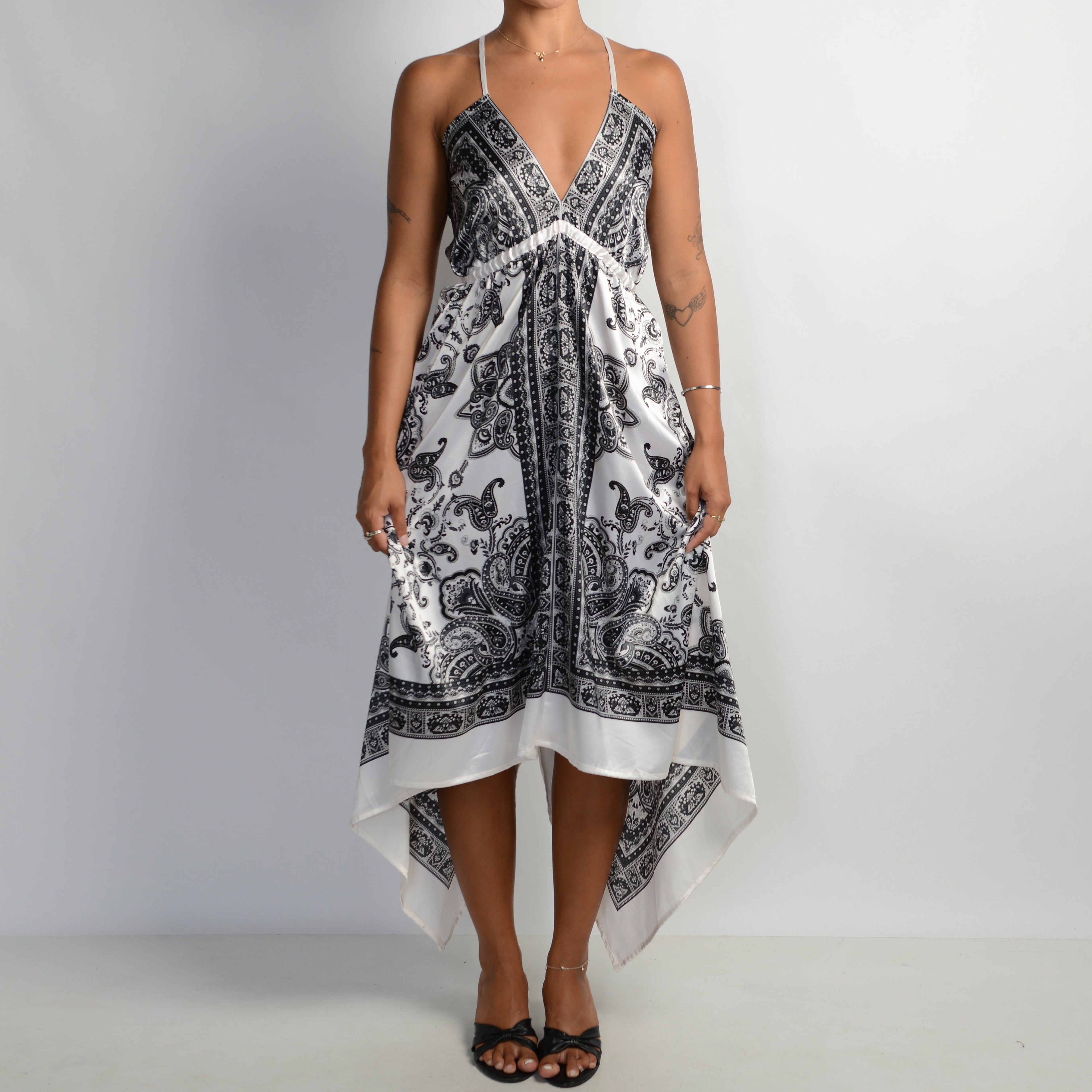 B&W SATIN MIDI DRESS