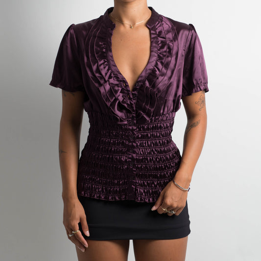 PURPLE SATIN SHORT SLEEVE BLOUSE