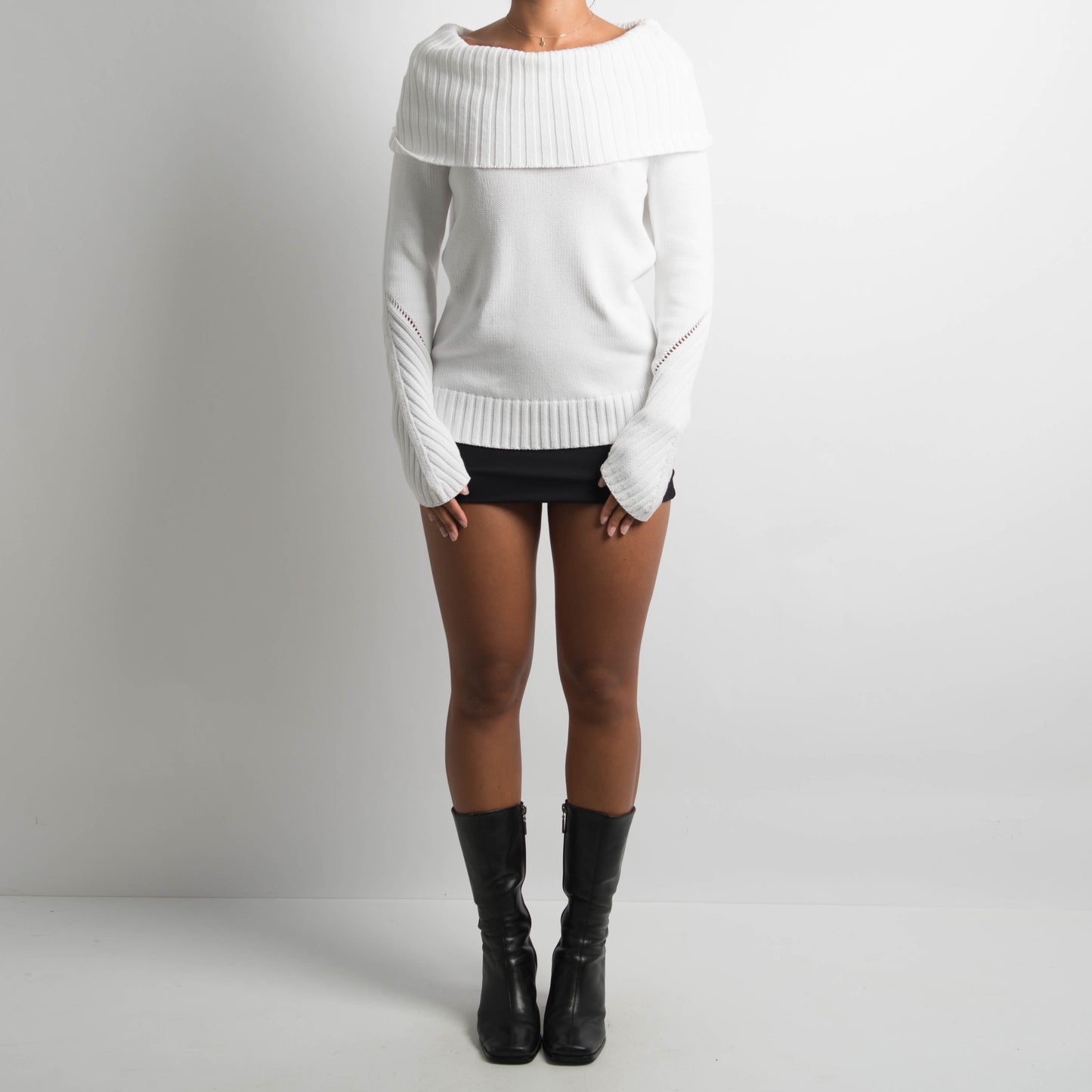 WHITE KNIT FOLD OVER SWEATER