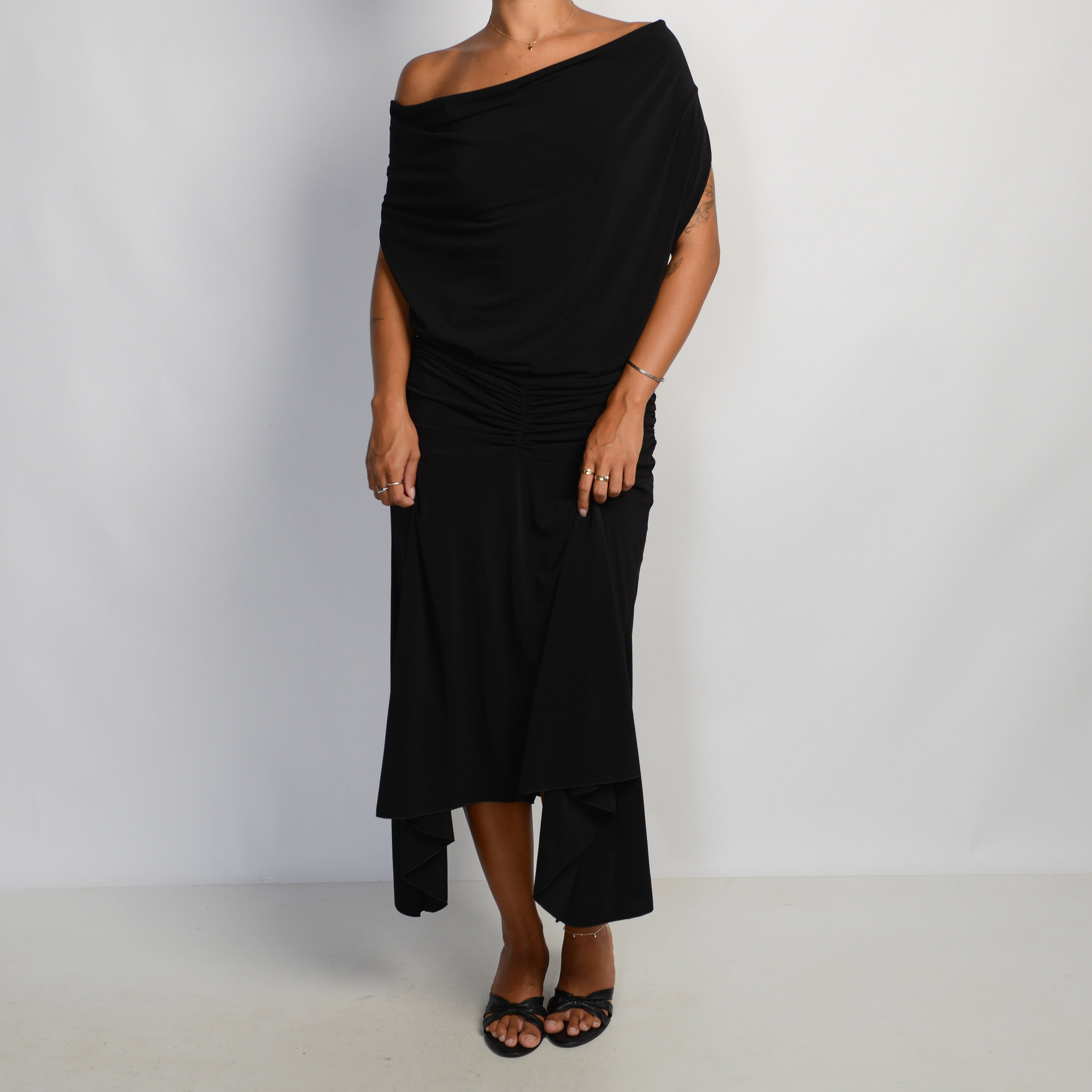 BLACK COWL NECK MIDI DRESS