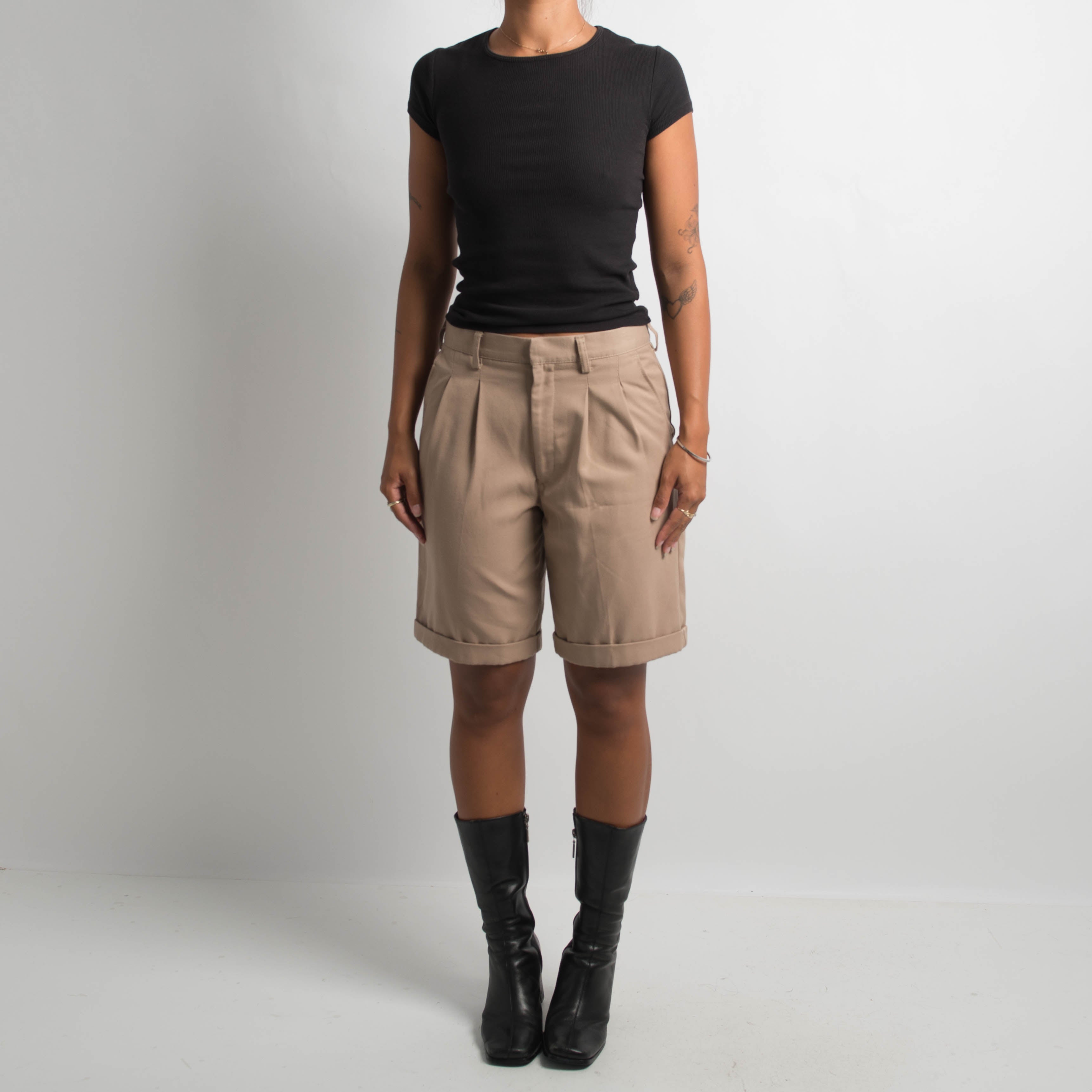 TAN PLEATED LONGLINE SHORTS