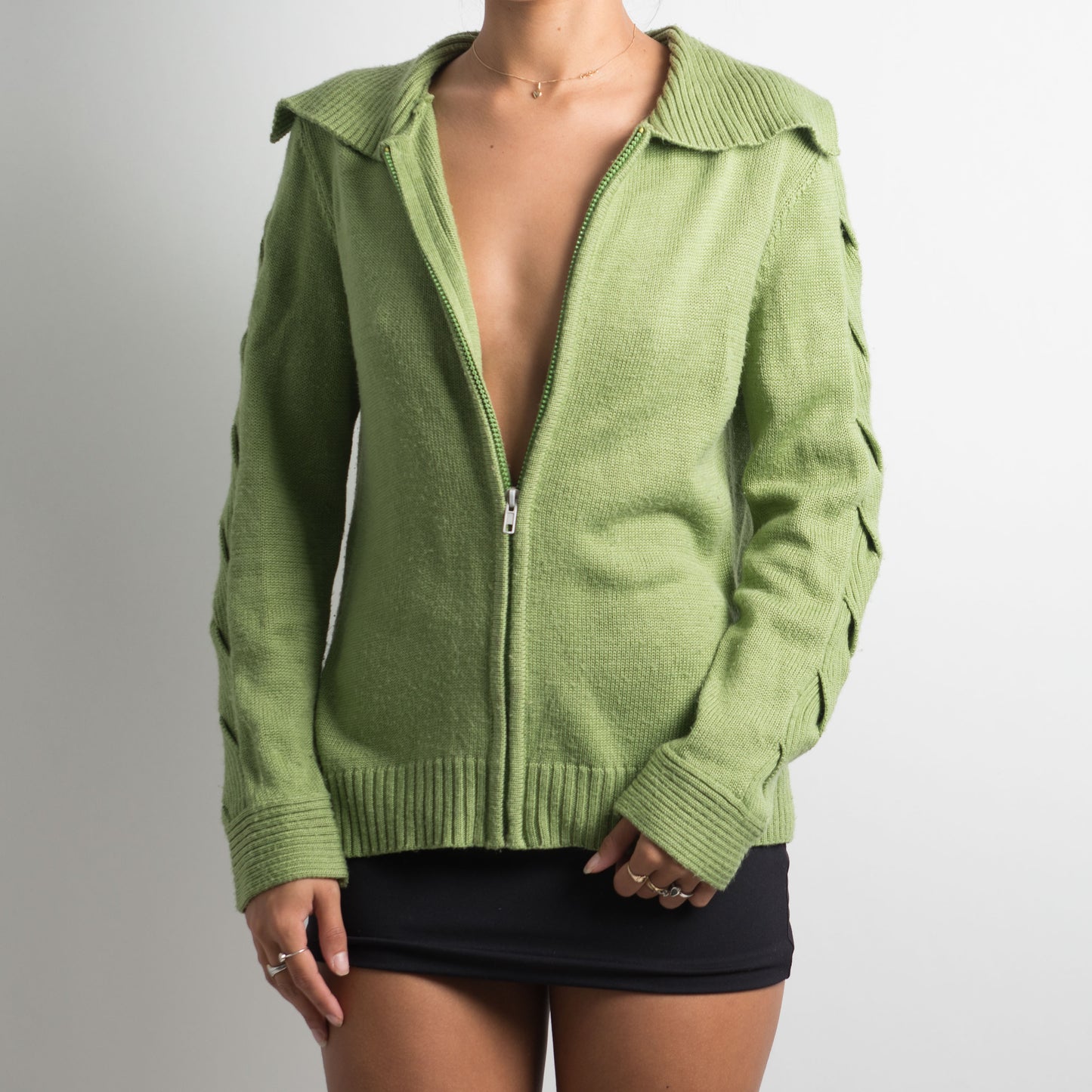 GREEN KNIT ZIP CARDIGAN