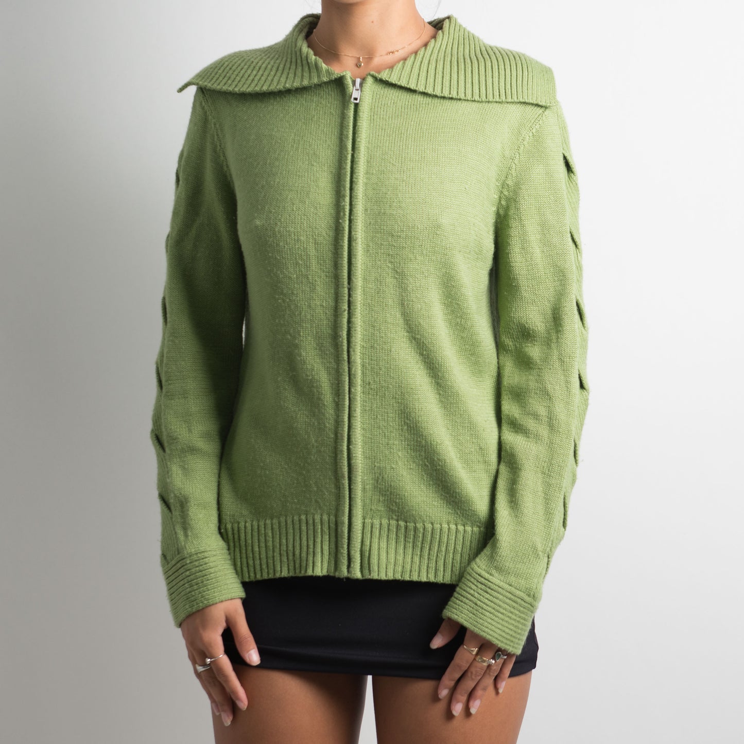 GREEN KNIT ZIP CARDIGAN