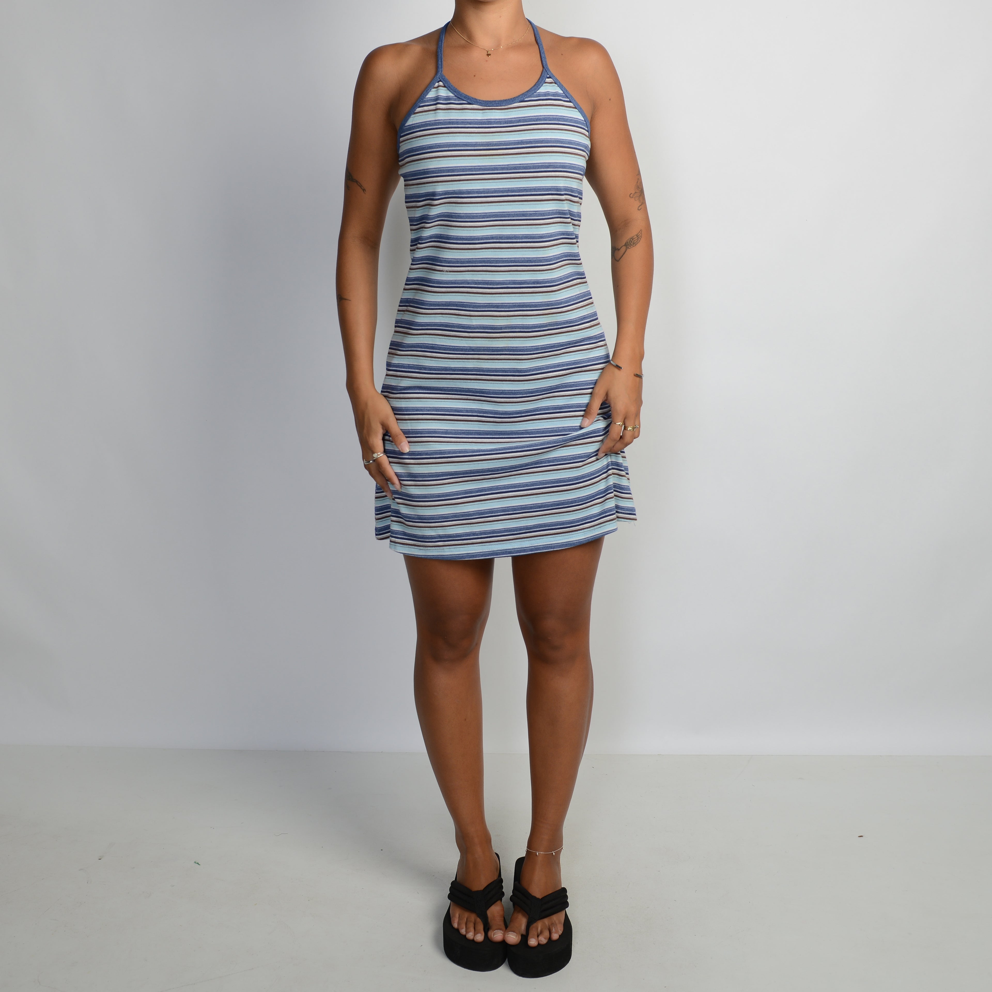 BLUE STRIPE HALTER DRESS
