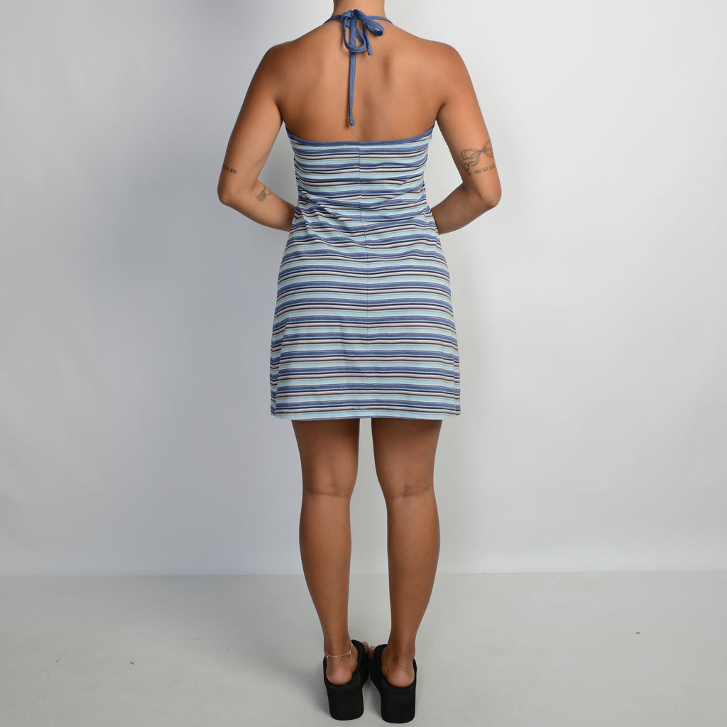 BLUE STRIPE HALTER DRESS