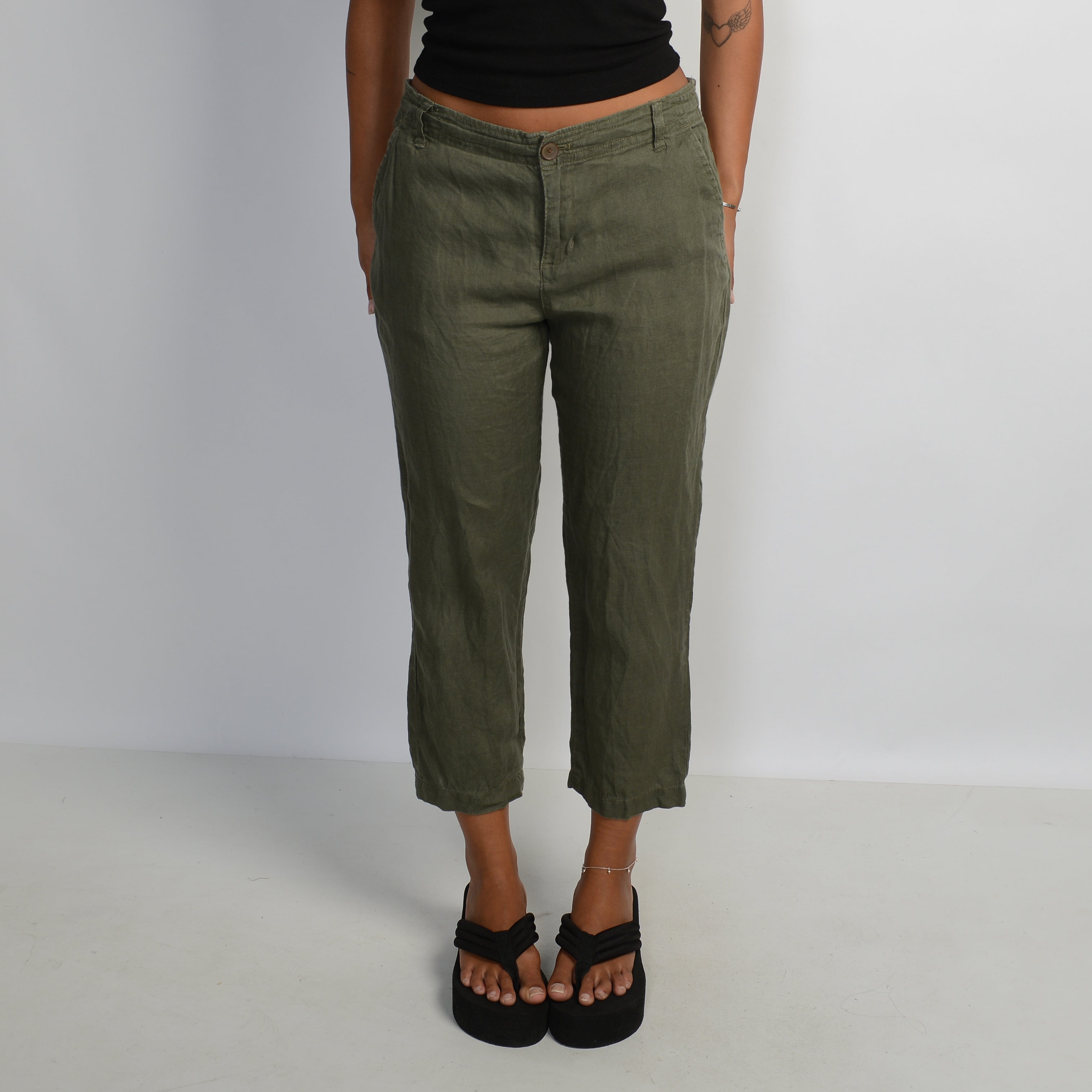 KHAKI LINEN CROP PANTS