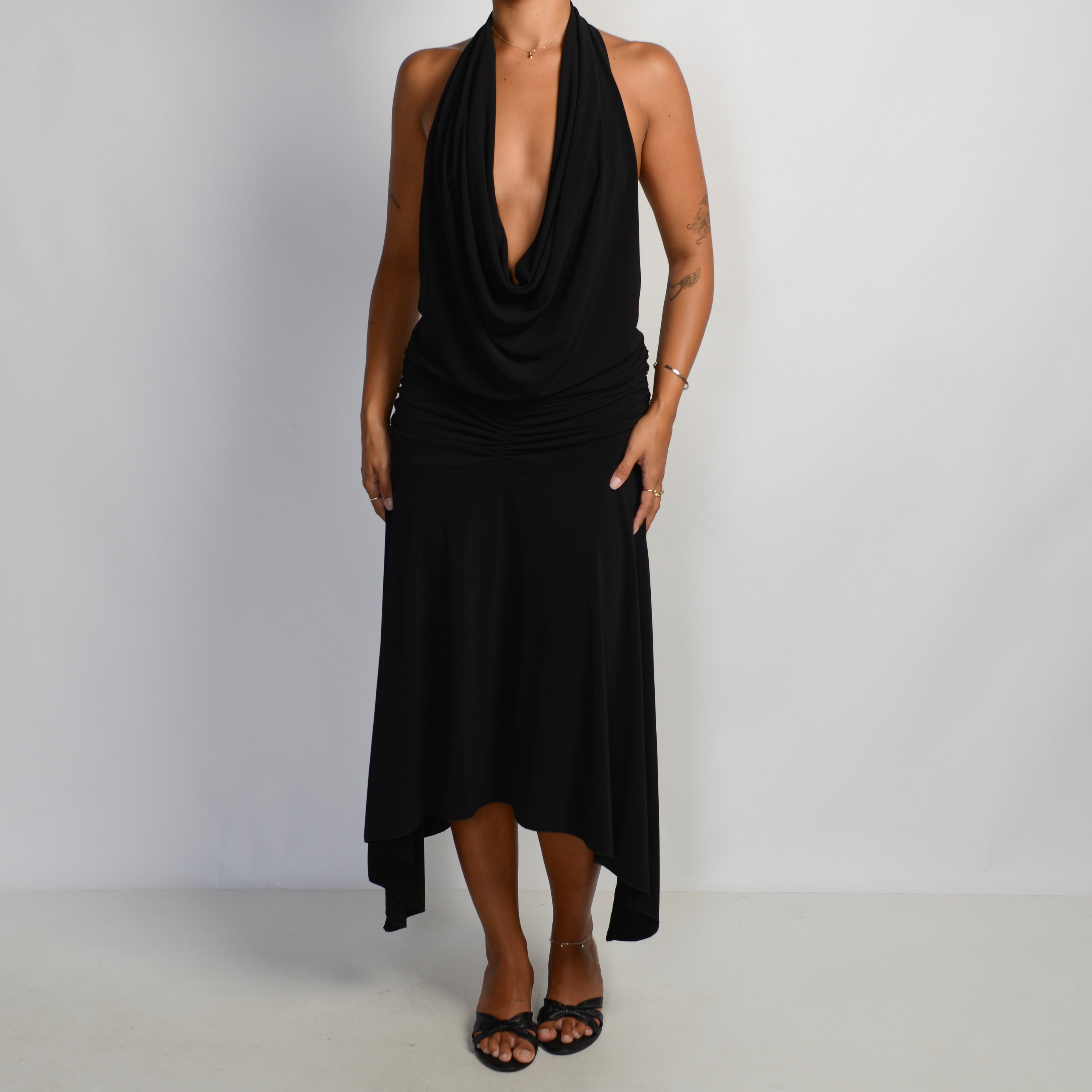 BLACK COWL NECK MIDI DRESS