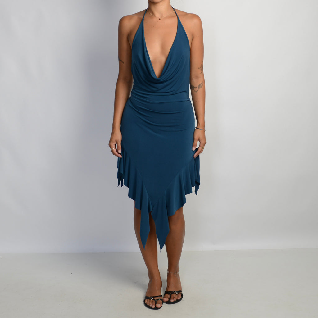 TEAL COWL NECK MIDI DRESS