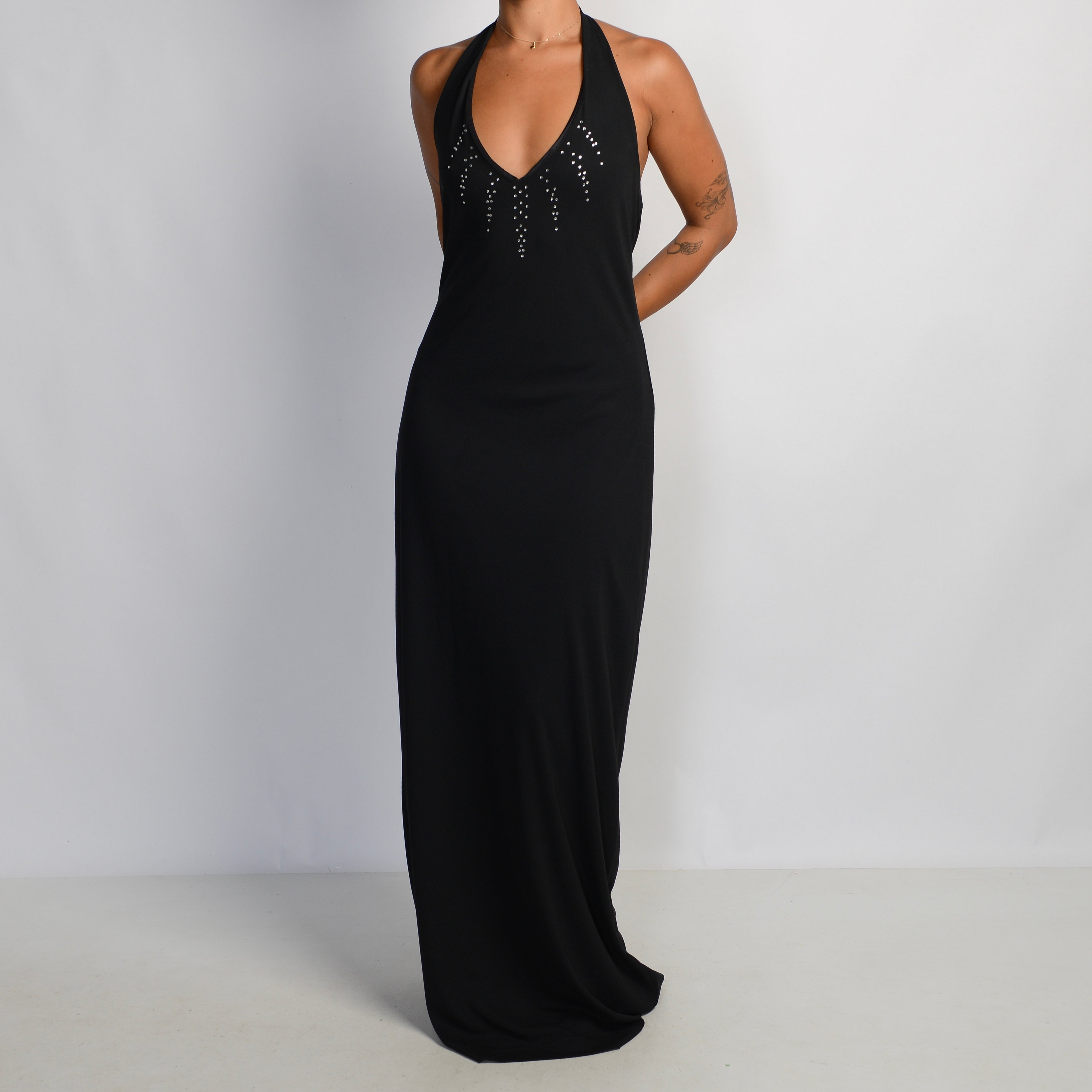 BLACK HALTER DIAMANTE GOWN