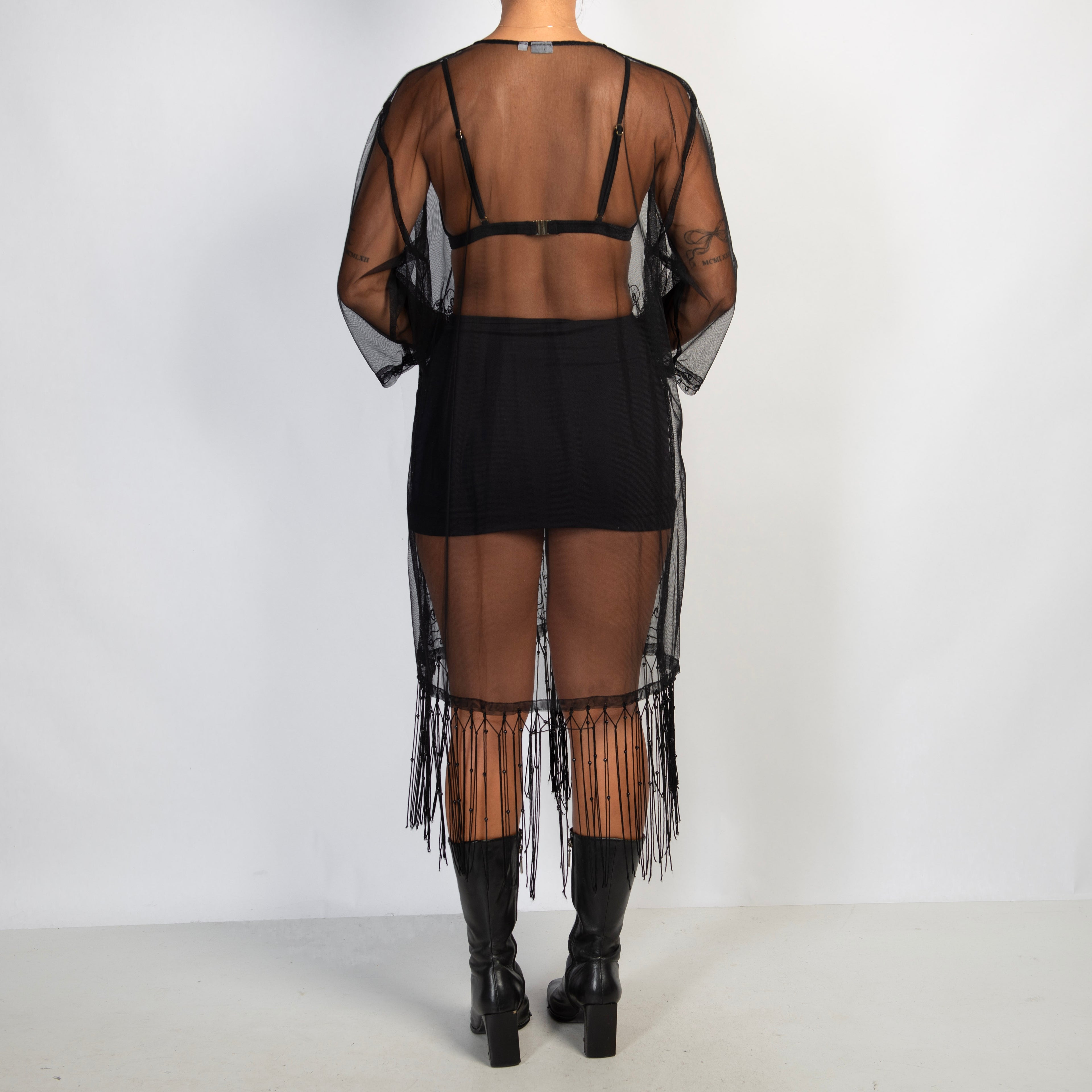 SHEER BLACK FRINGE KIMONO