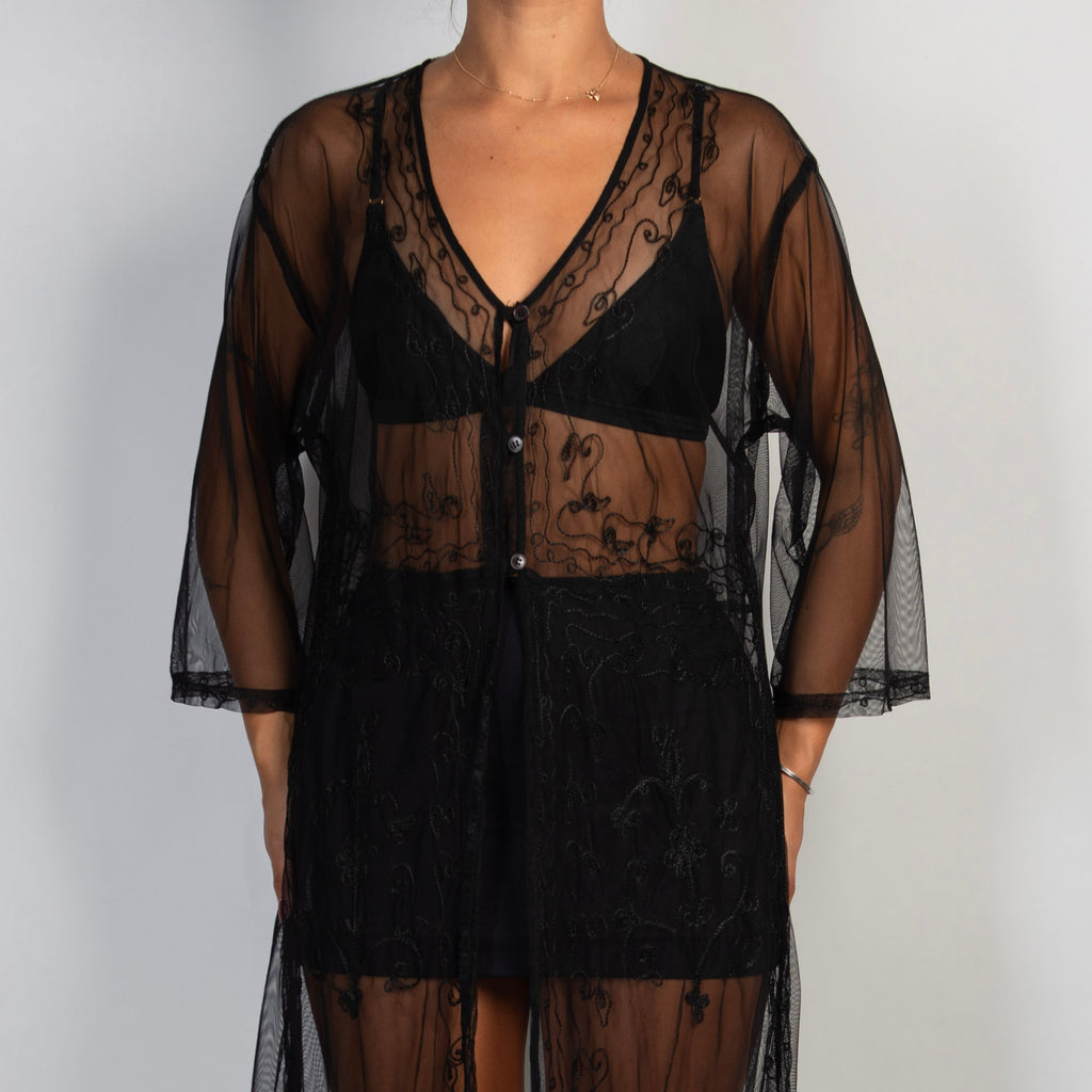 SHEER BLACK FRINGE KIMONO