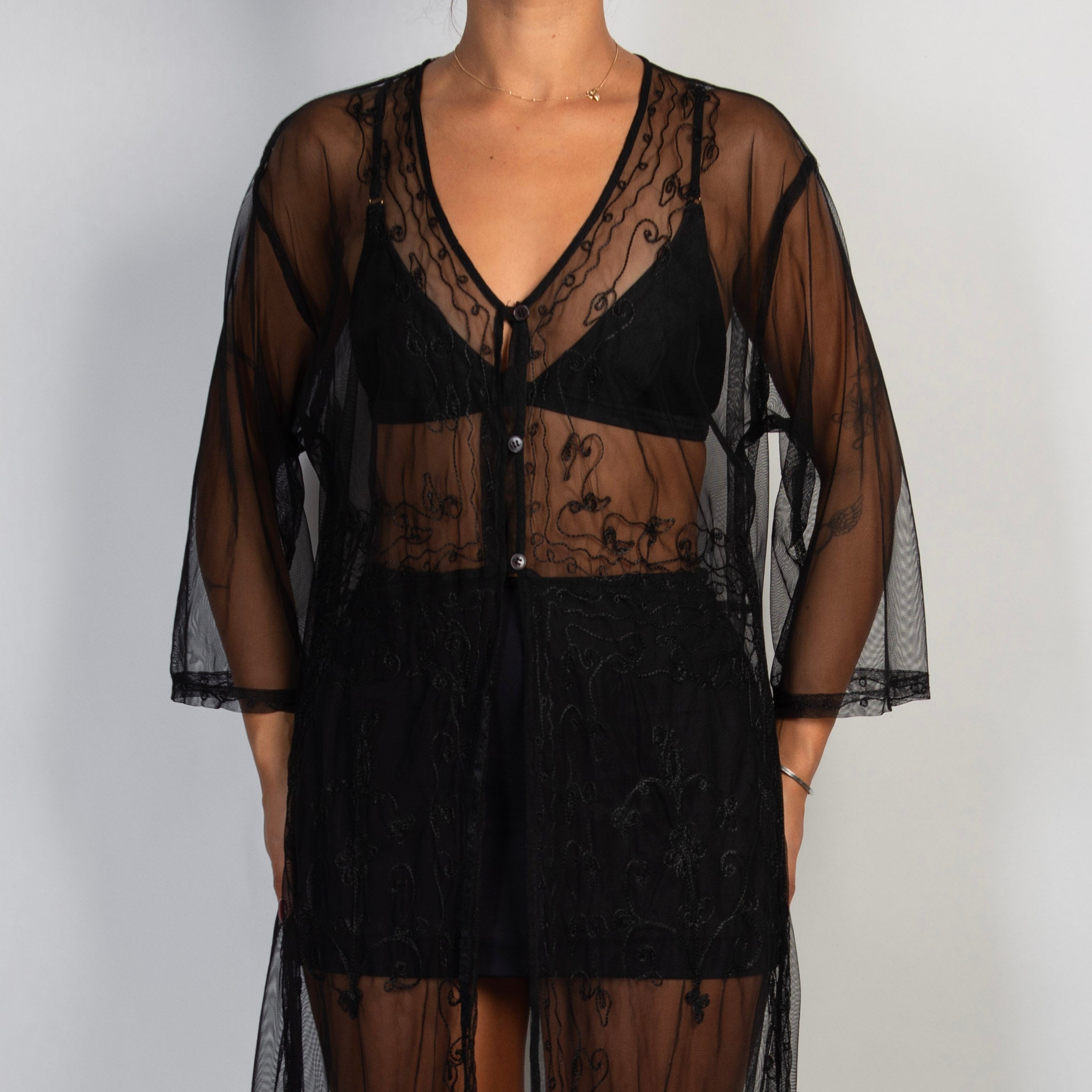 SHEER BLACK FRINGE KIMONO