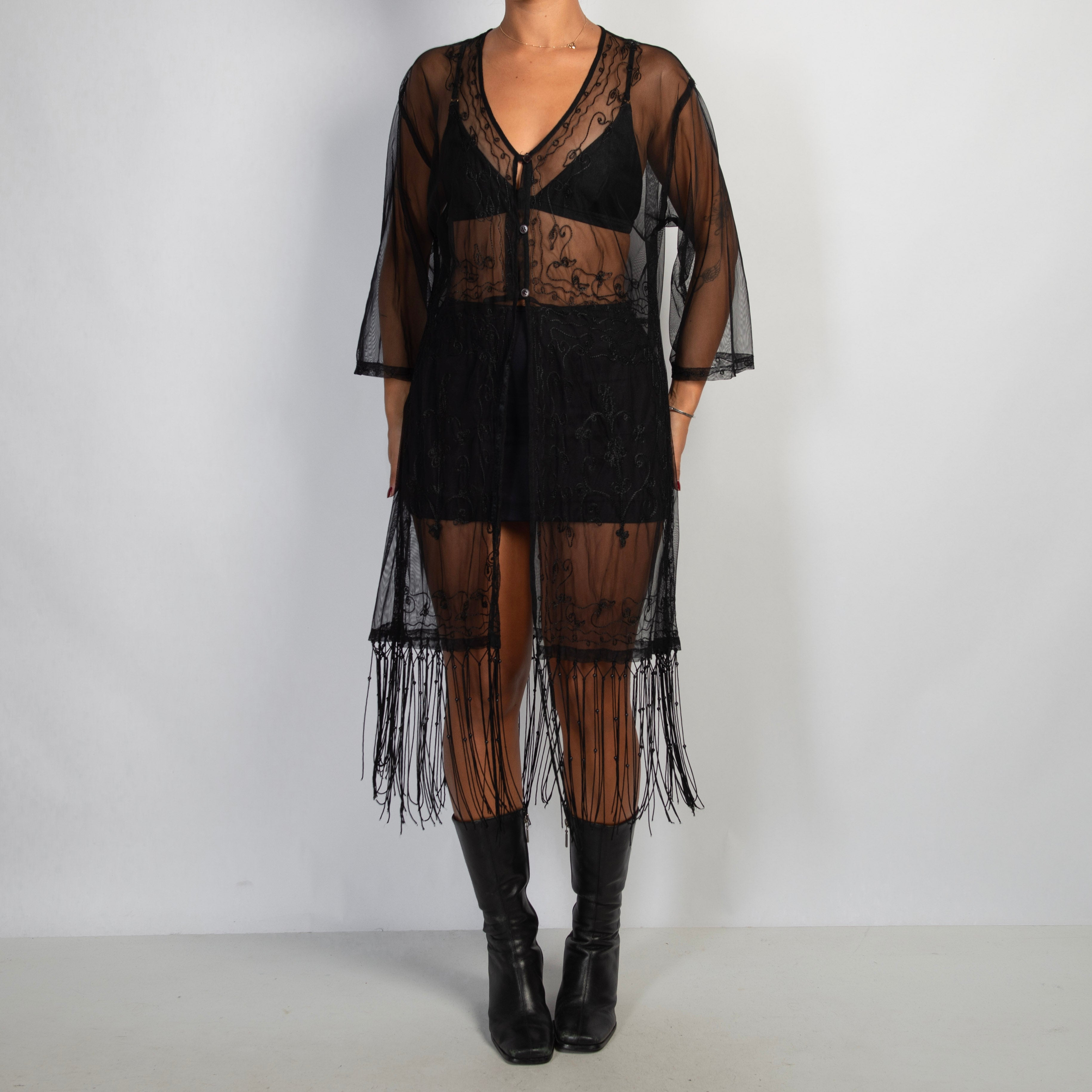 SHEER BLACK FRINGE KIMONO