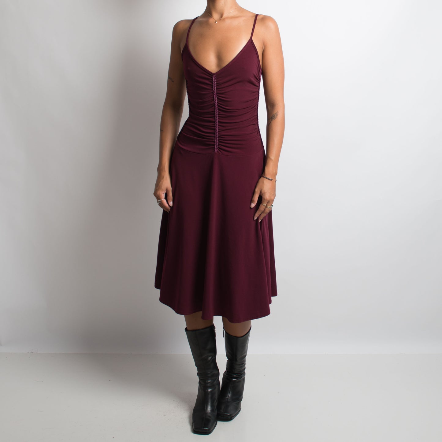 PLUM RUCHED MIDI DRESS